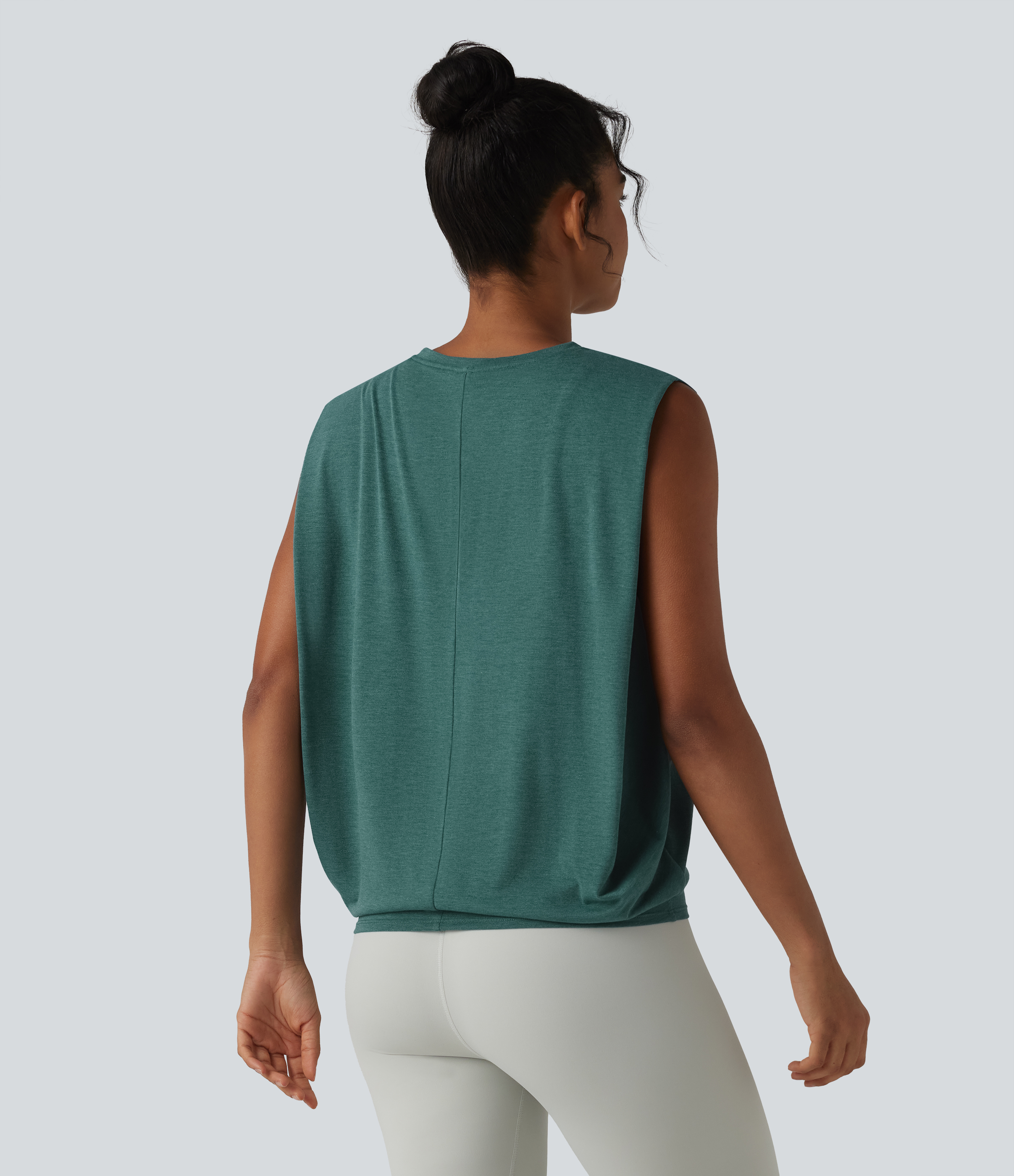 Jade Green Floral Yarn Round Neck Ruched Heathered Yoga Tank Top / 2