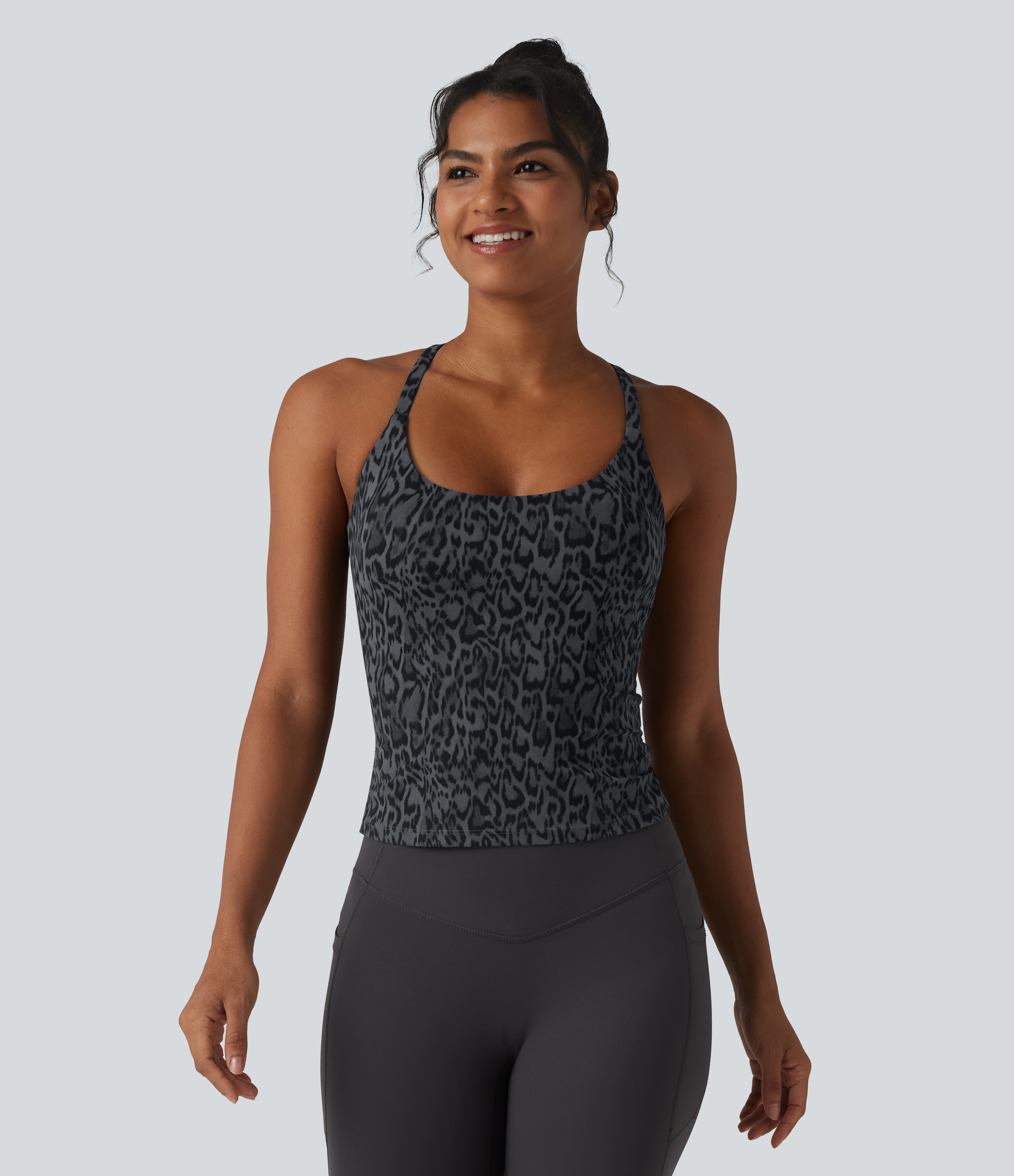 Shadow Leopard Halara UltraSculpt™ Leopard Print Scoop Neck Built-in Bra Crossover Hem Yoga Tank Top / 2