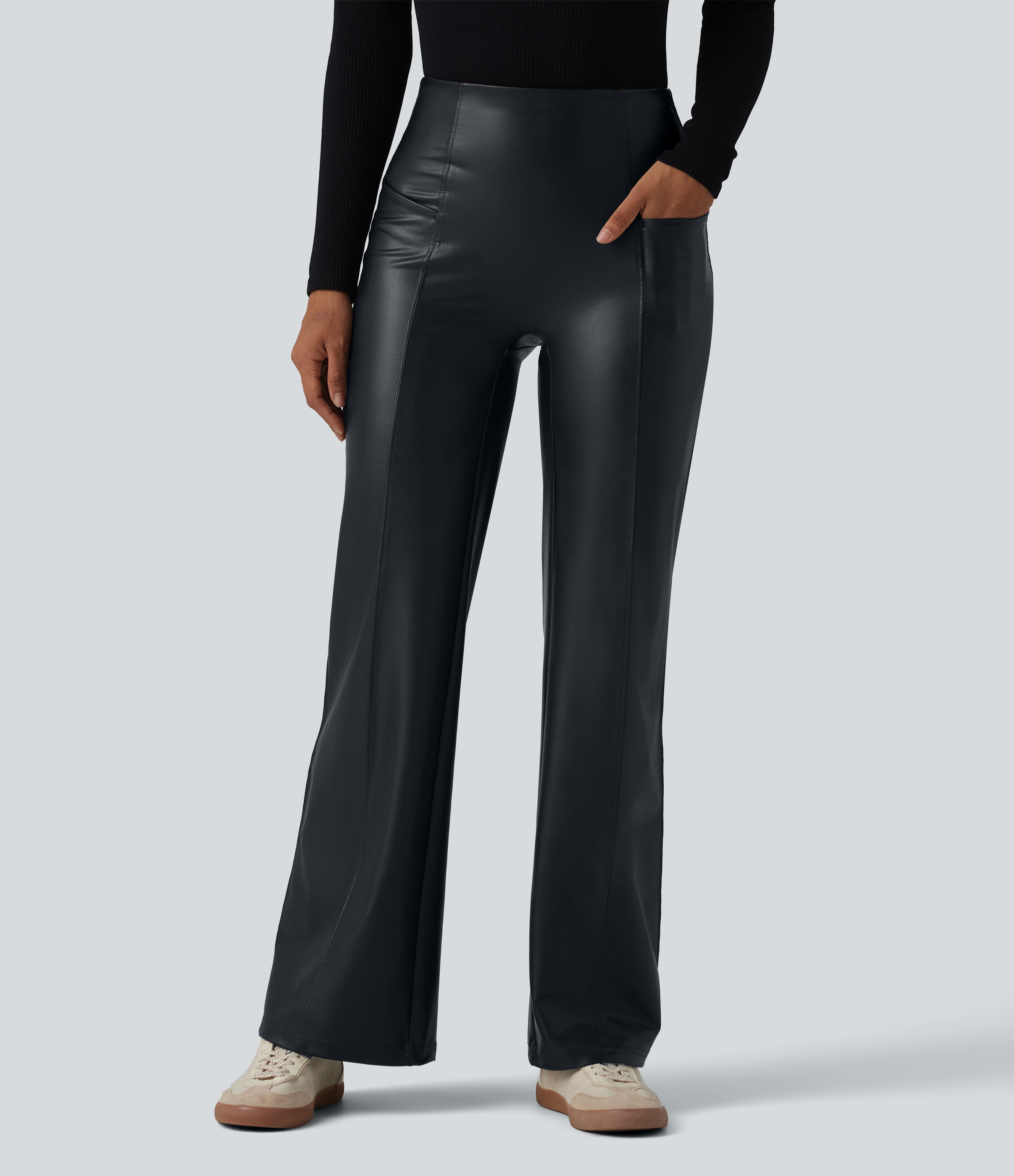 Ink Night Blue High Waisted Tummy Control Stretchy PU Casual Flare Pants with Pockets / 2