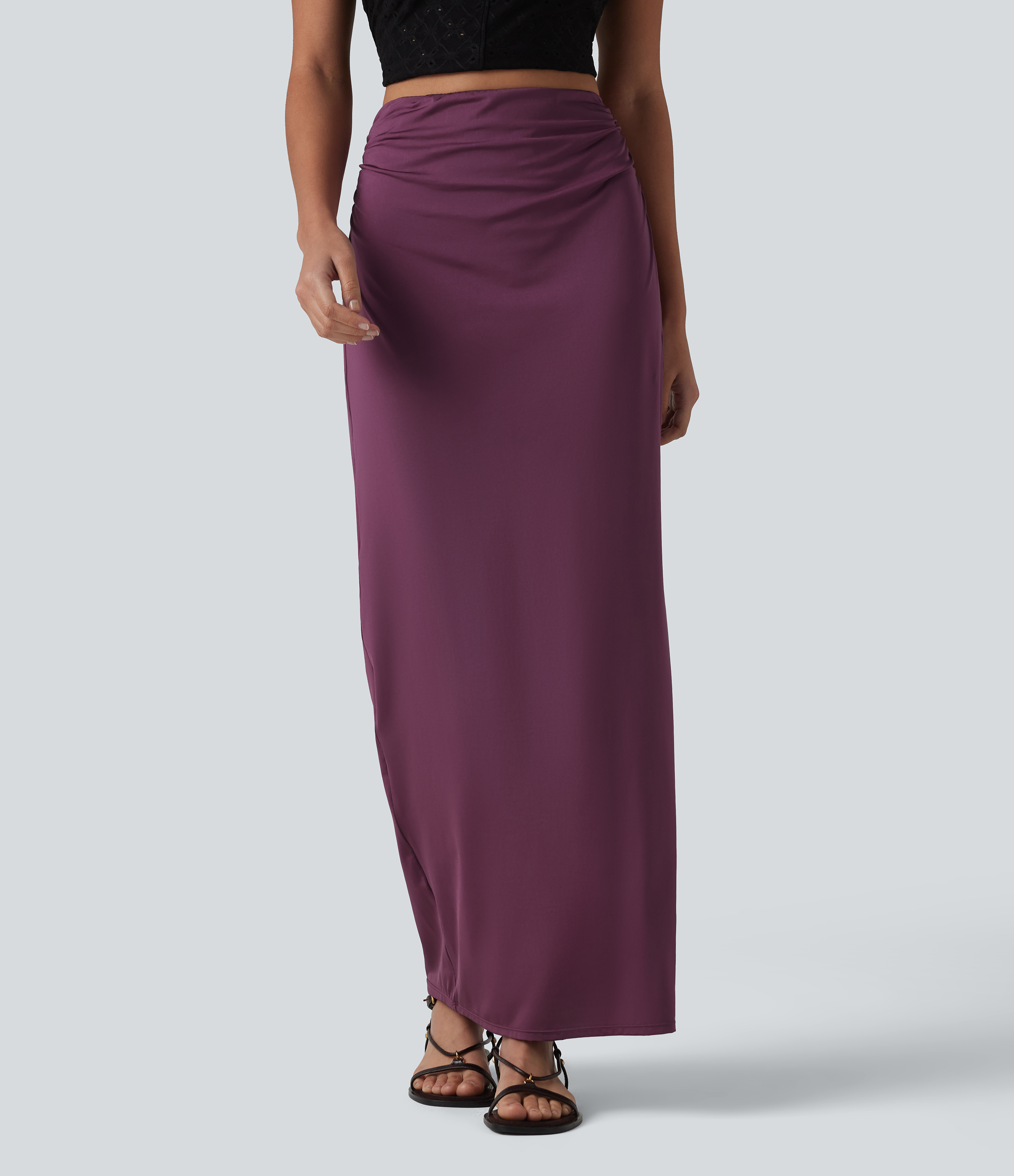High Waisted Ruched Stretchy Satin-Like Cool Touch Maxi Casual Pencil Skirt
