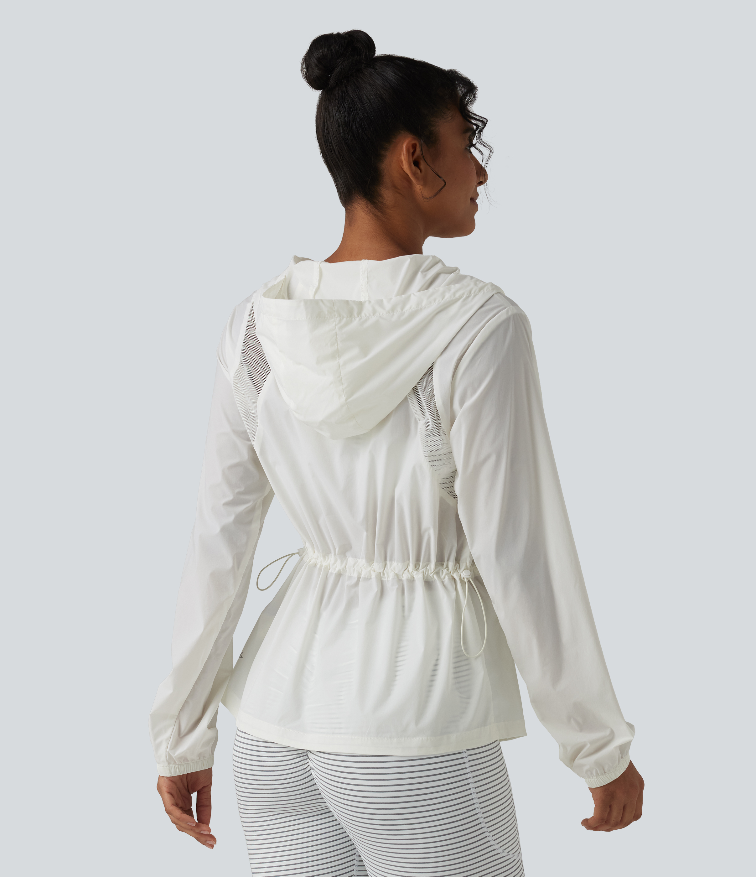 Hooded Drawstring Contrast Mesh Workout Jacket with Pockets