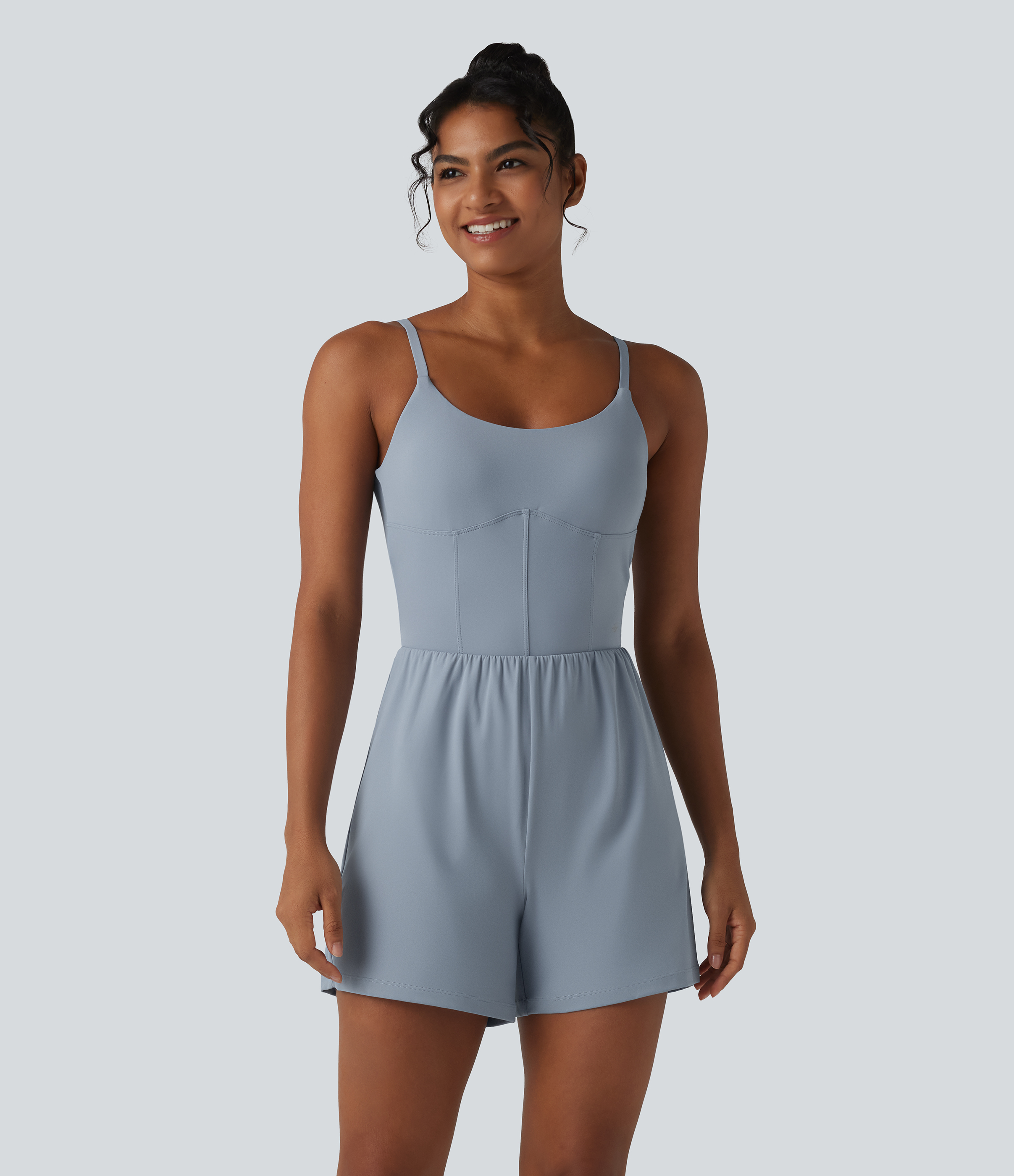 Snowflake Blue SoftlyZero™ Airy Twisted Backless Adjustable Straps 2-in-1 Built-in Bra InstantCool Yoga Romper with Pocket-Easy Peezy / 2