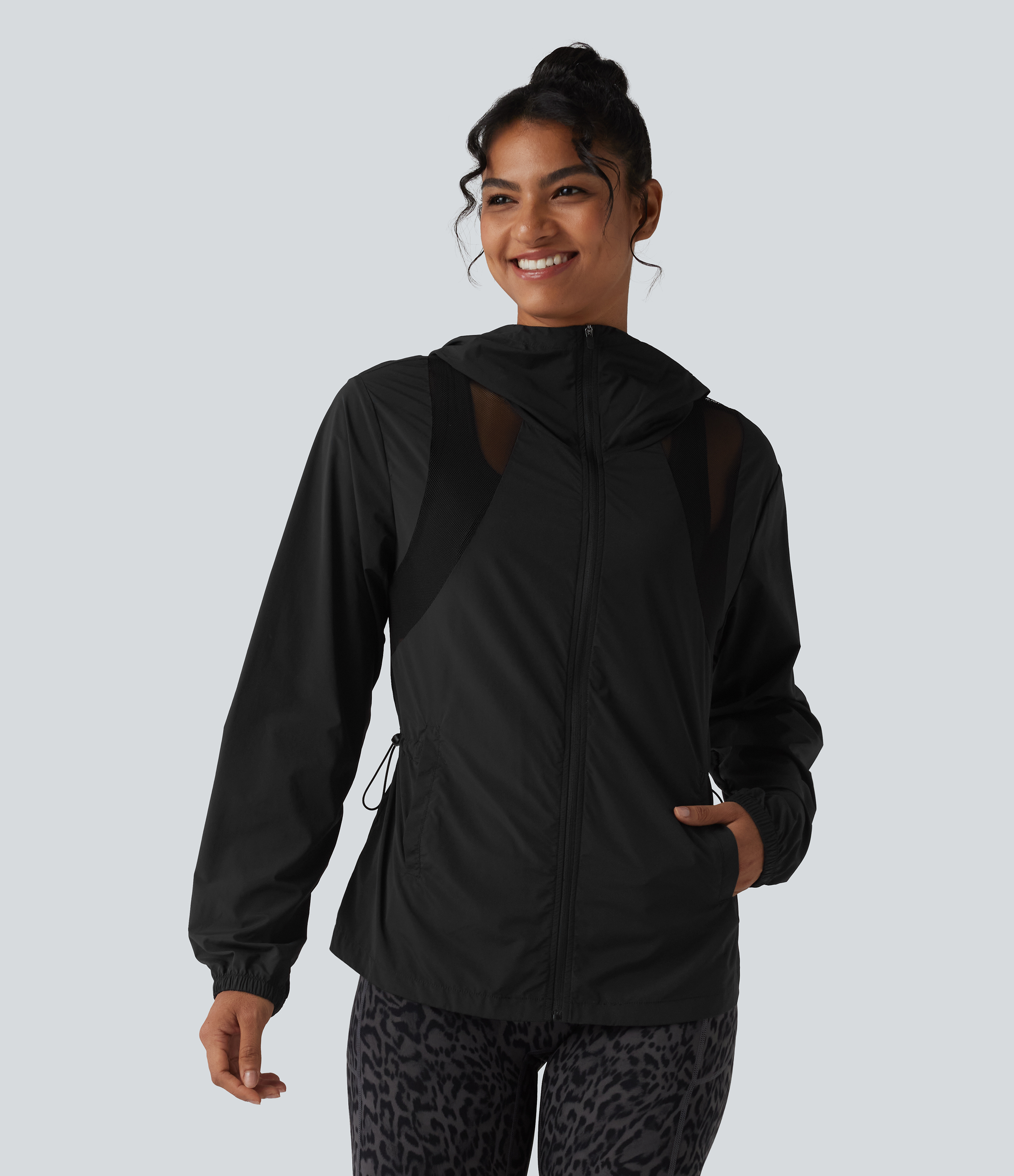 Hooded Drawstring Contrast Mesh Workout Jacket with Pockets