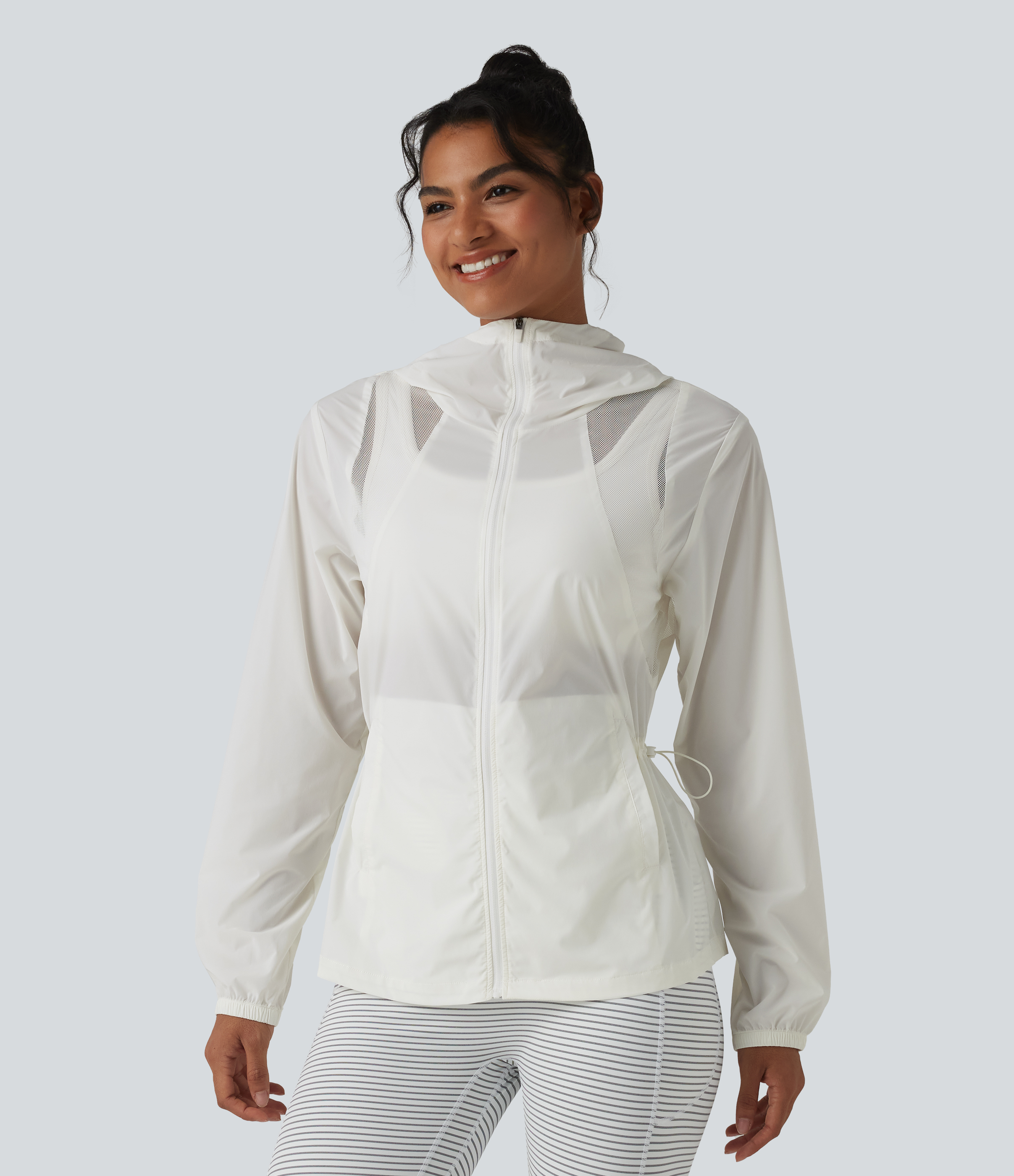 Hooded Drawstring Contrast Mesh Workout Jacket with Pockets