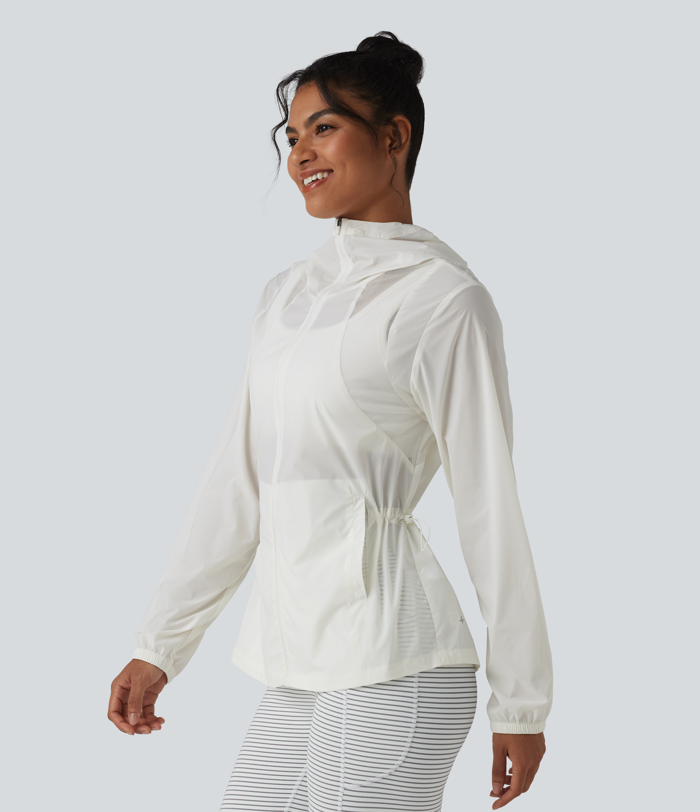 White Hooded Drawstring Contrast Mesh Workout Jacket with Pockets / 2