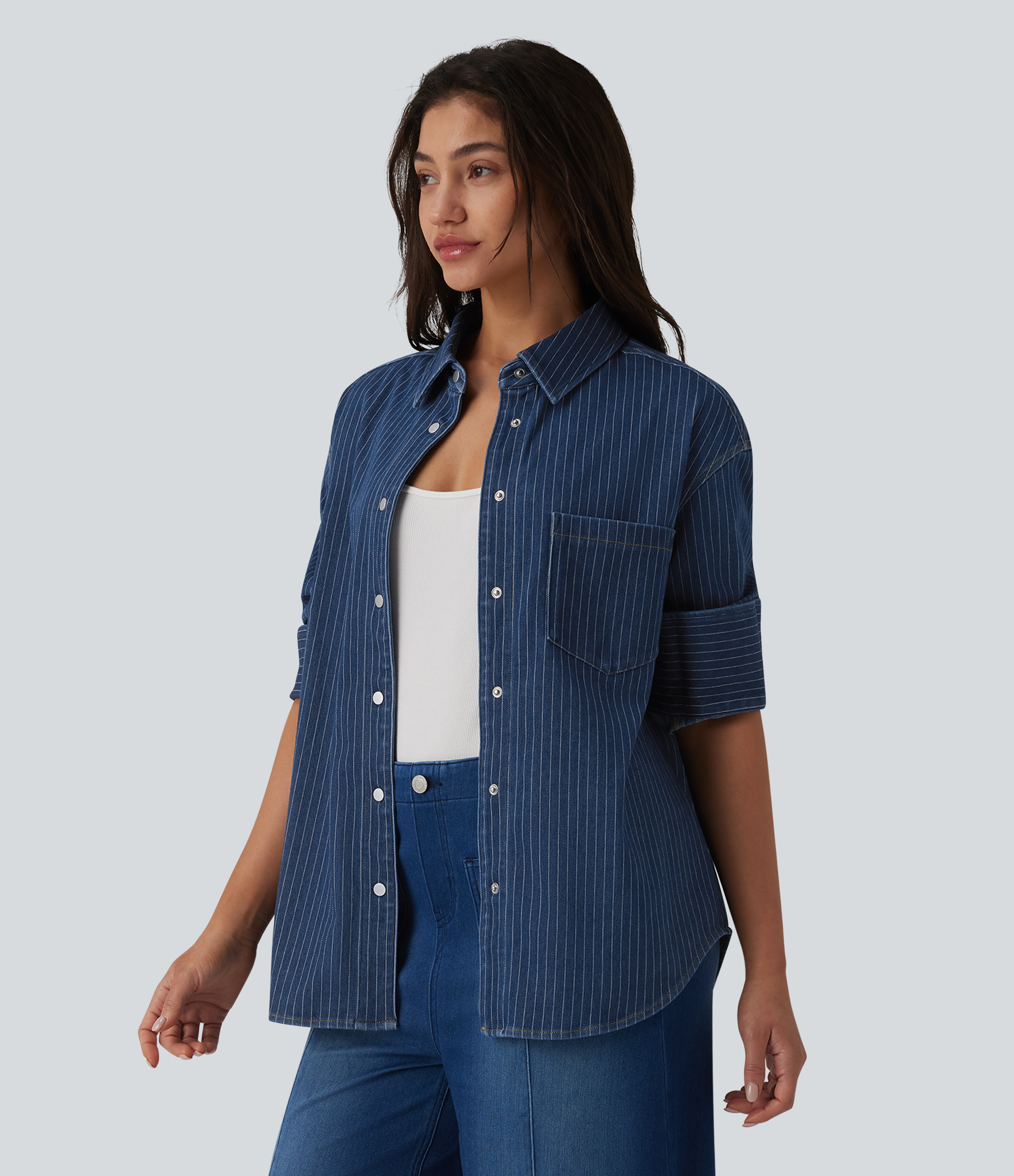 Halara Flex™ Long Sleeve Stripe Denim Casual Shirt with Pocket