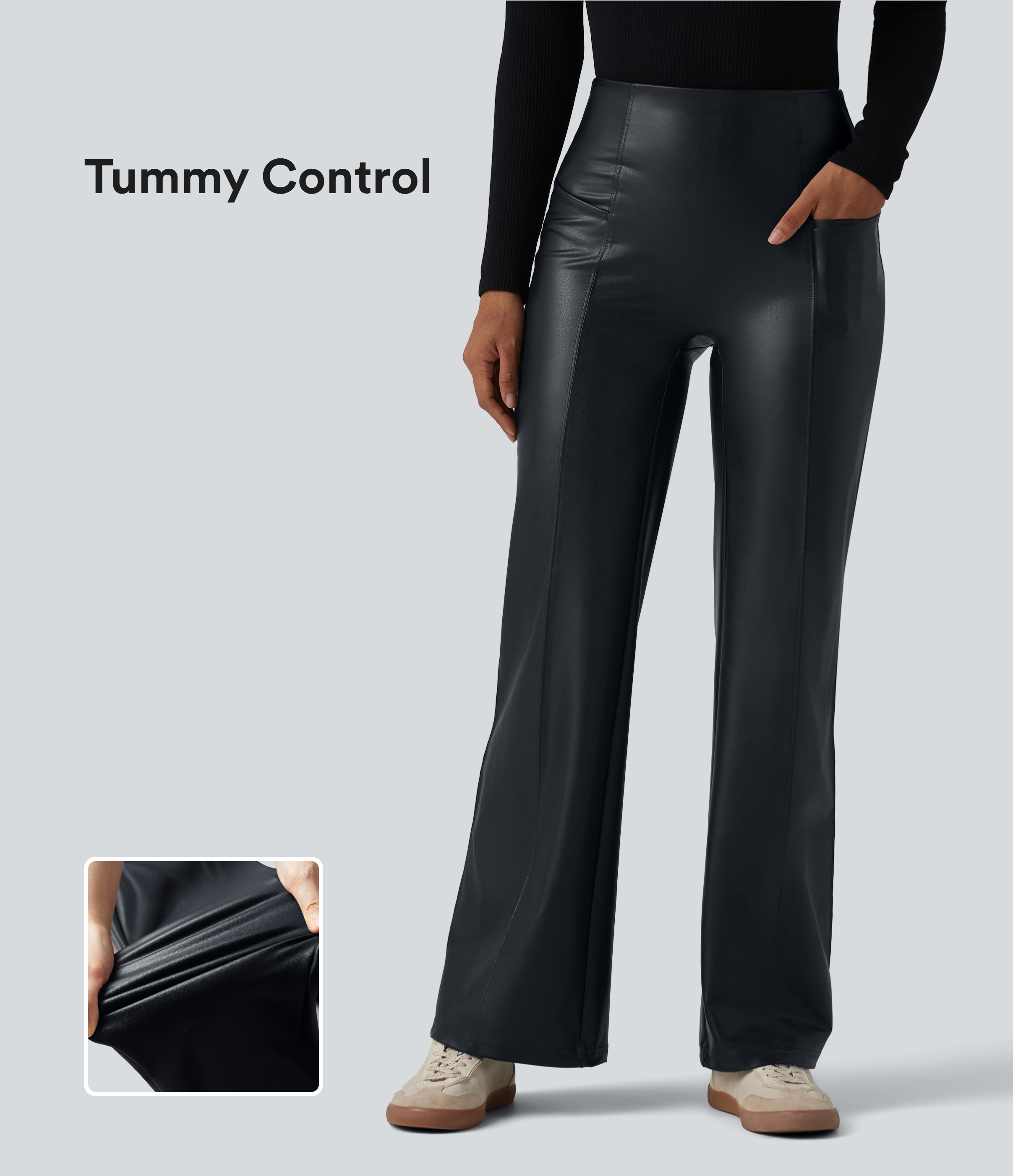 Pantalon casual évasé gainant taille haute en simili cuir extensible avec poches