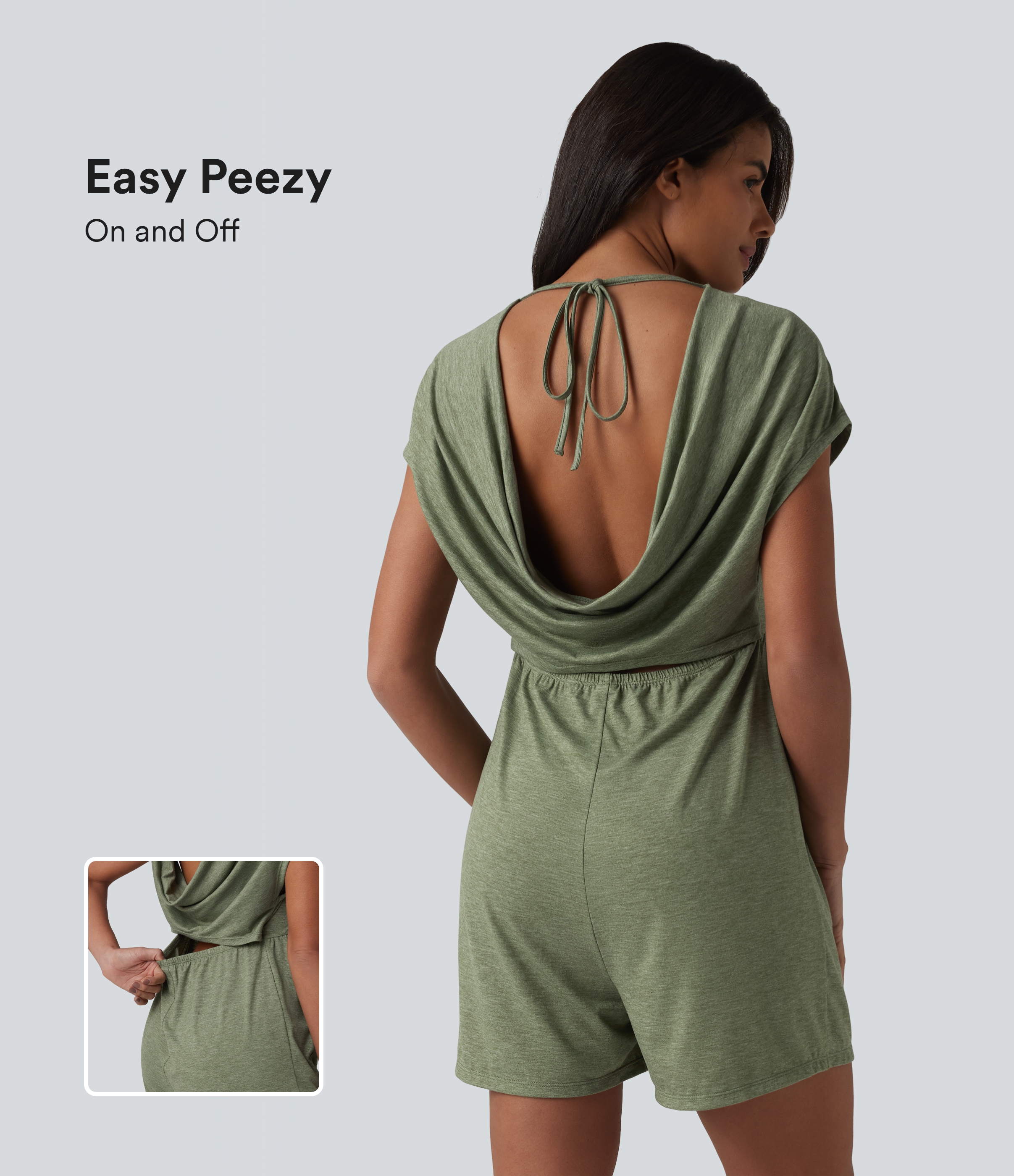 Cowl-back V-neck Cap Sleeve Heathered Casual Playsuit with Pockets-Easy Peezy