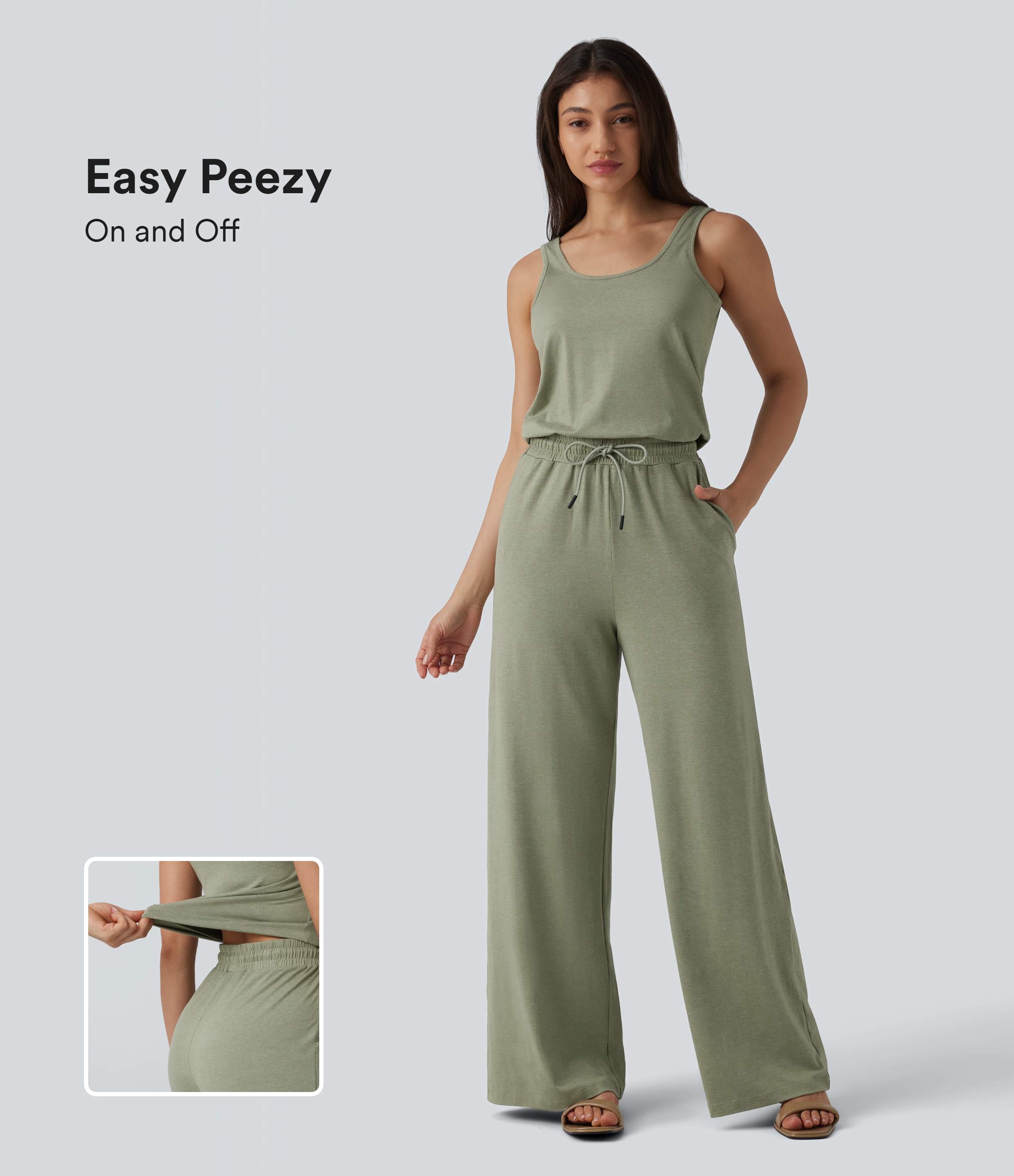U-Neck Sleeveless Drawstring Heathered Casual Baggy Jumpsuit with Pockets-Easy Peezy
