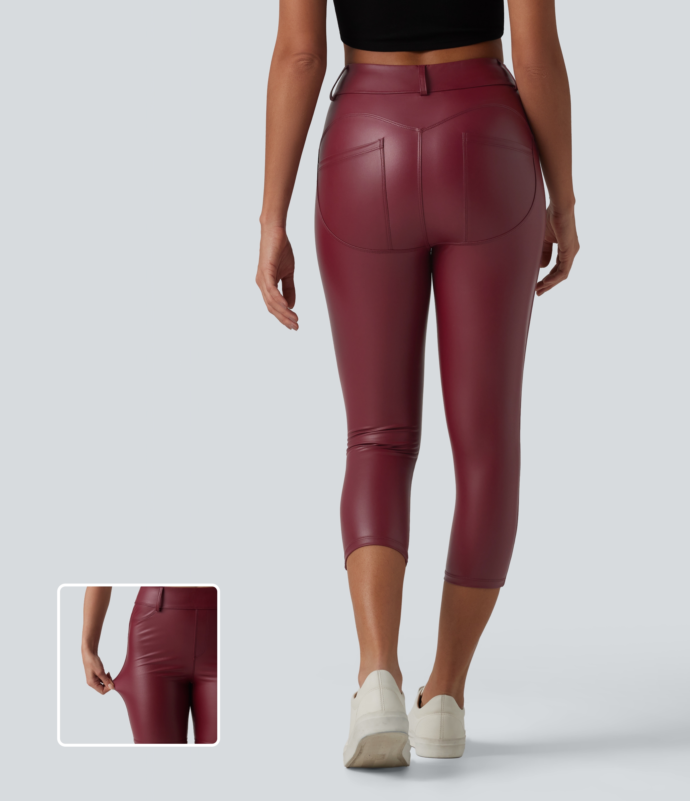 High Waisted Stretchy PU Casual Capri Leggings with Pockets