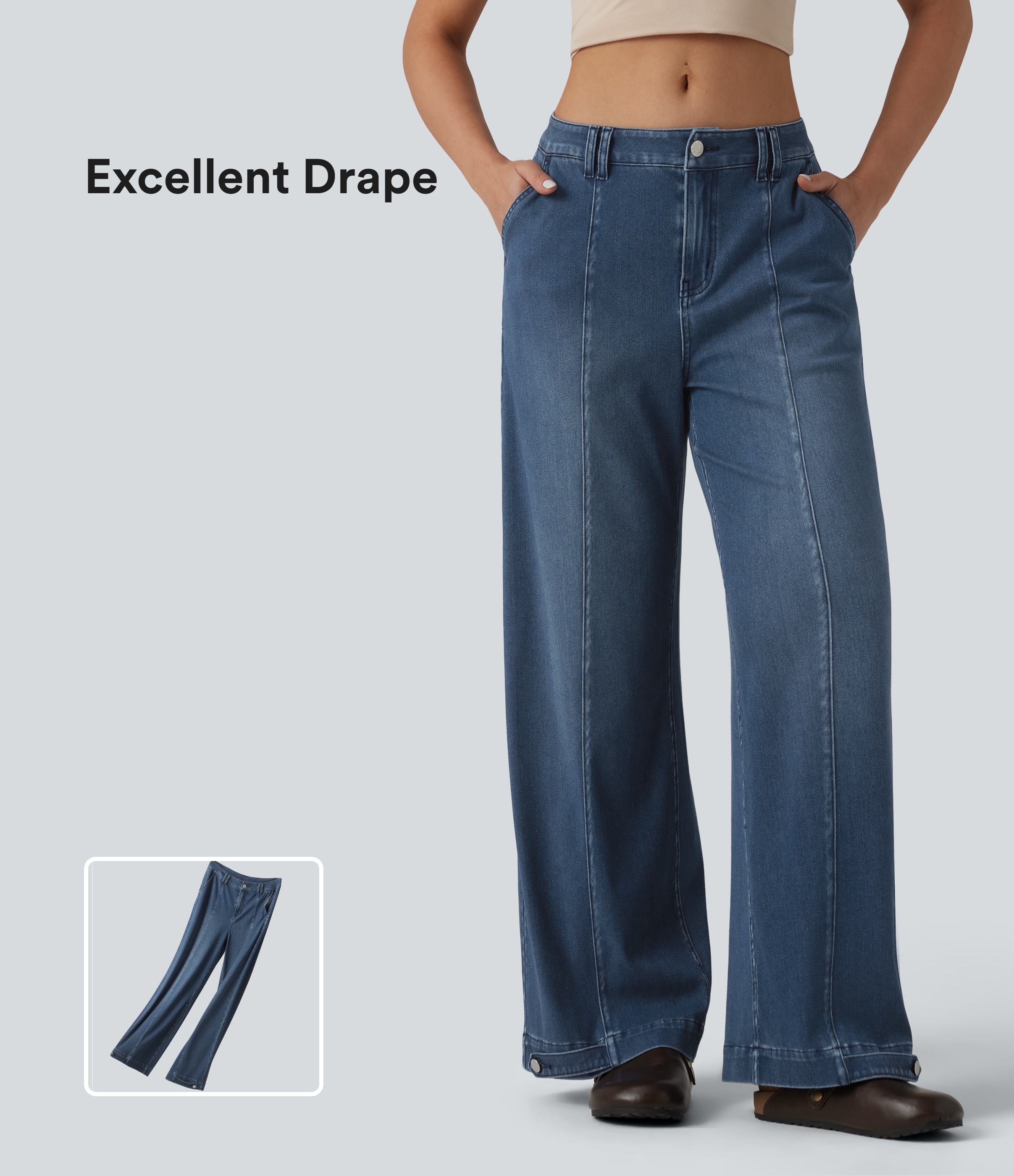 Halara Flex™ Jean large casual baggy taille mi-haute en lyocell drapé effet délavé, ourlet ajustable et poches