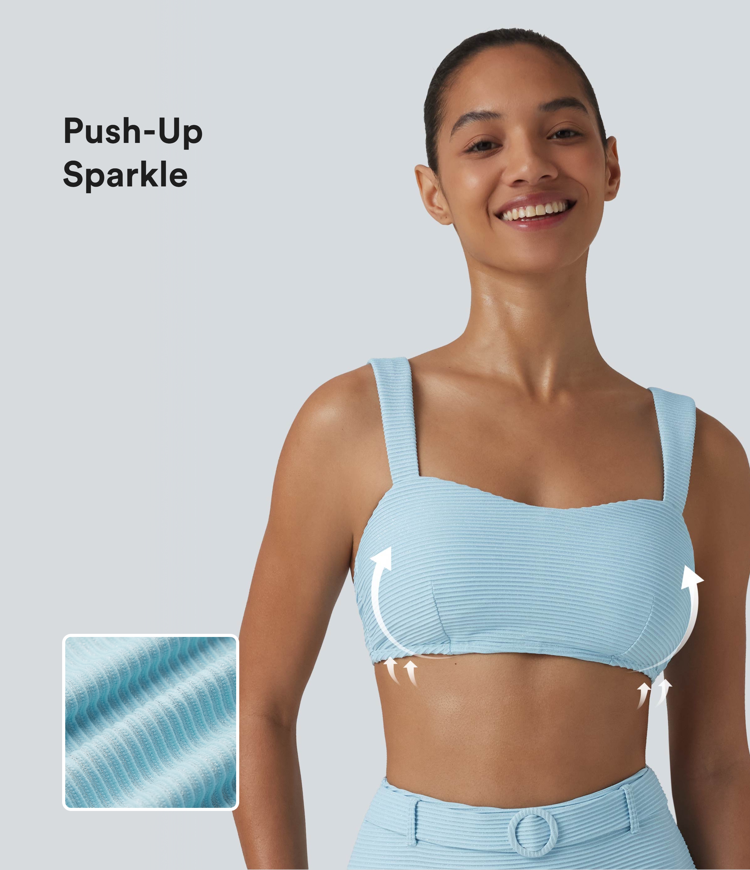 Bikini-Oberteil mit eckigem Ausschnitt, Streifen und Glitzer - Push-Up