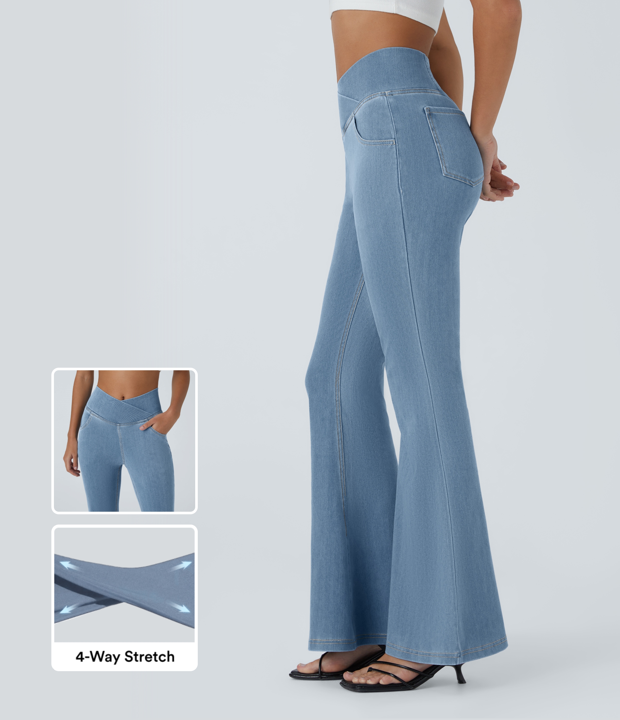 Halara Flex™ High Waisted Crossover Pocket Washed Casual Jeans — Washed Denim Sunny Blue by Halara