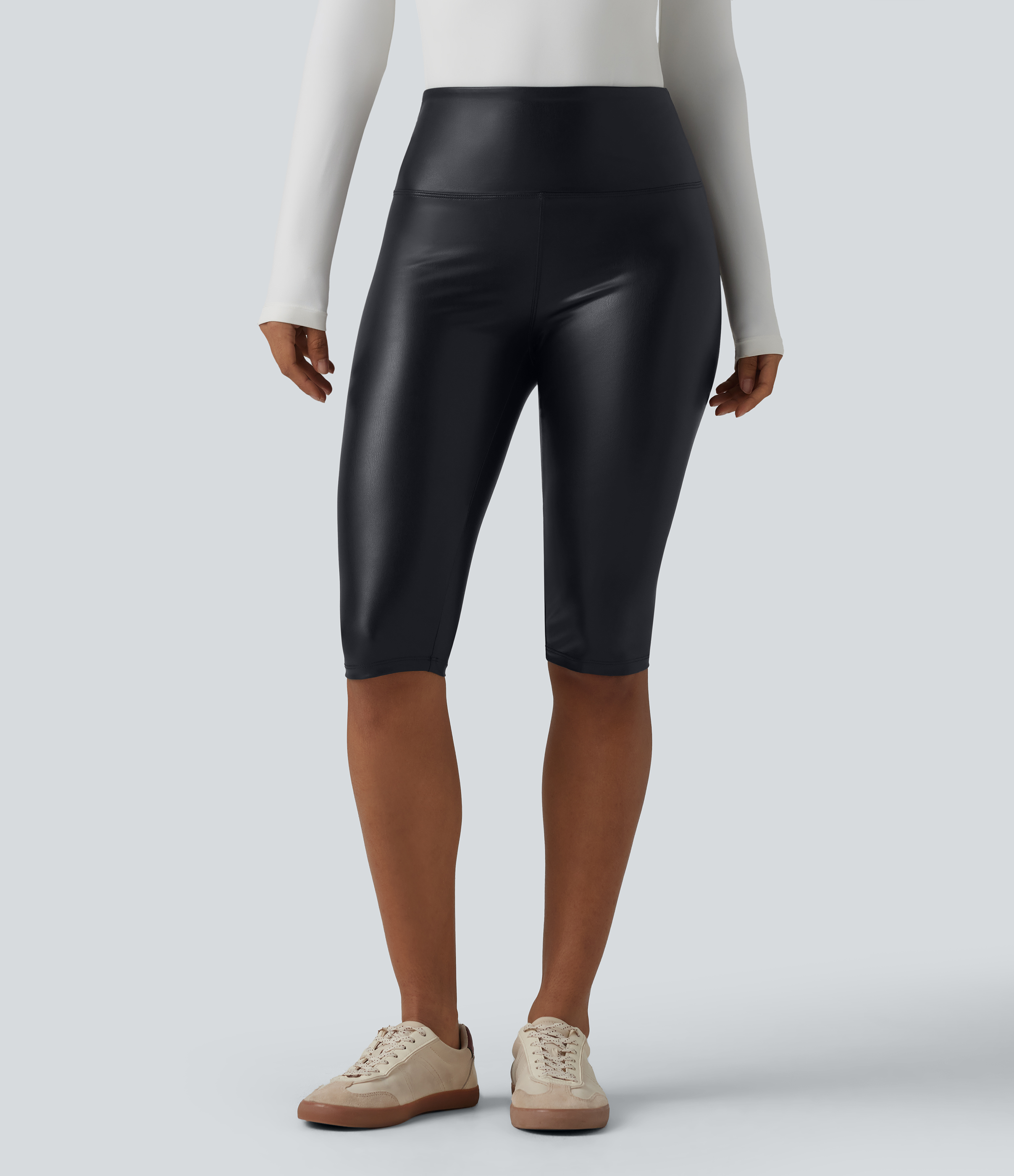 High Waisted Tummy Control Stretchy PU Casual Pedal Pushers Leggings with Pockets
