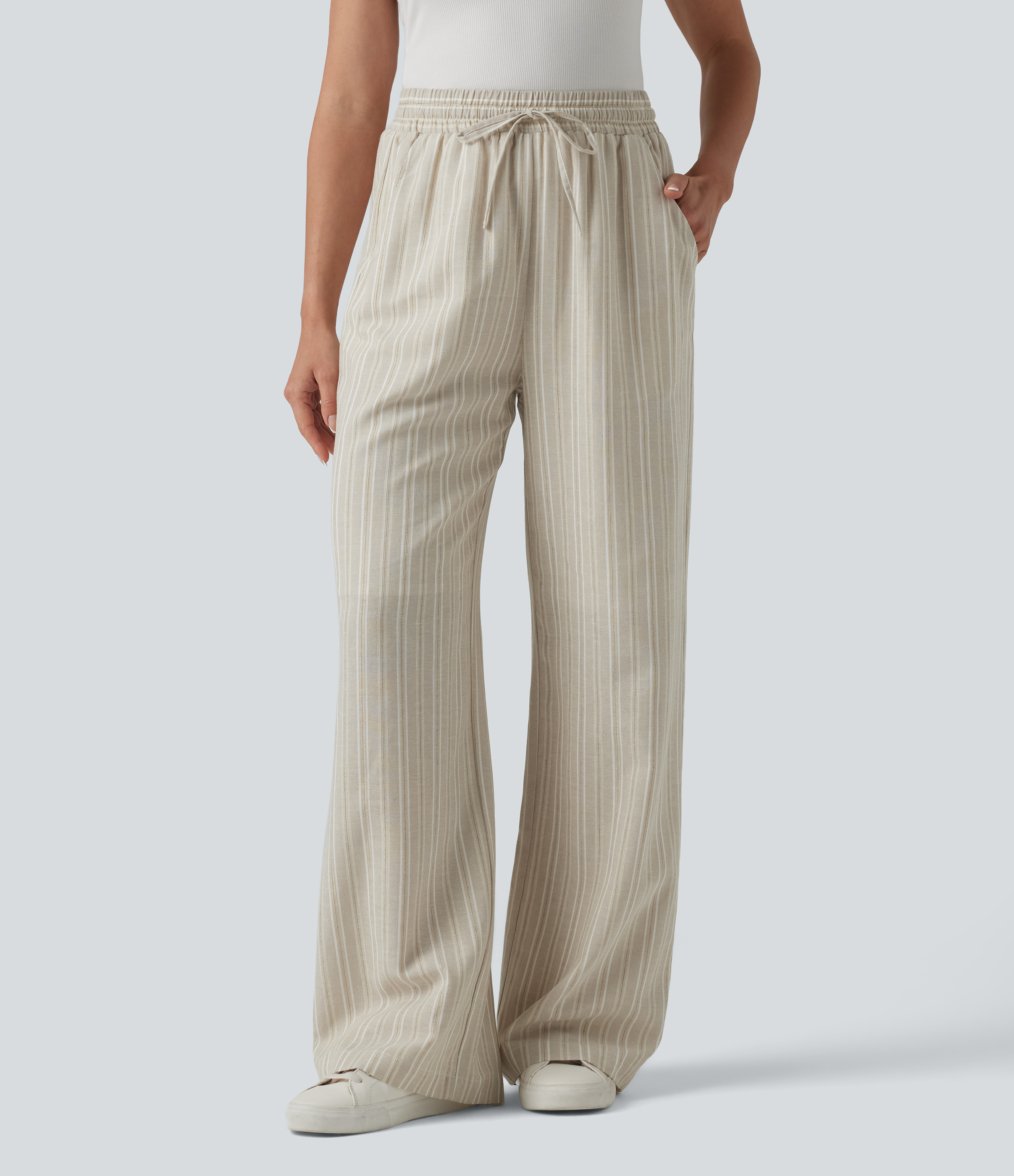 Pantalones holgados de lino de tiro alto con cordón, rayas y bolsillos