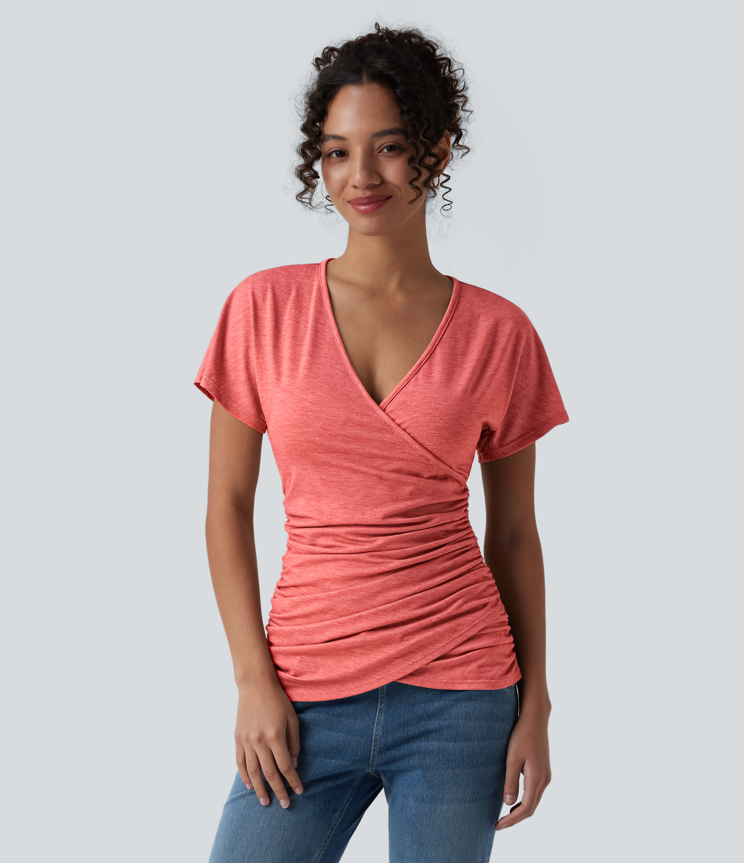 V Neck Short Sleeve Ruched Casual Top