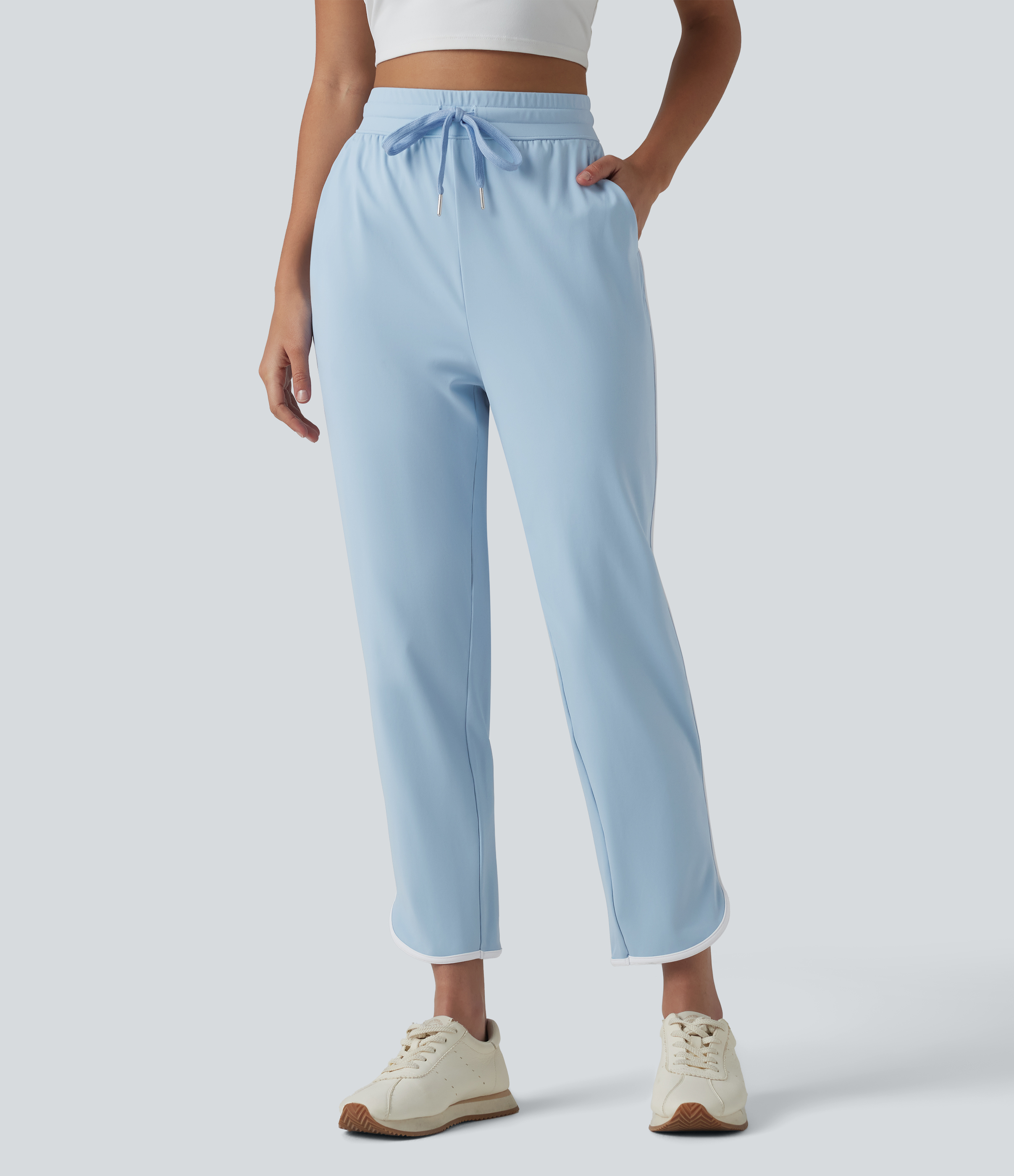 SoftlyZero™ Airy High Waisted Drawstring Contrast Binding Curved Hem InstantCool Yoga Tapered Pants with Pockets-UPF50+