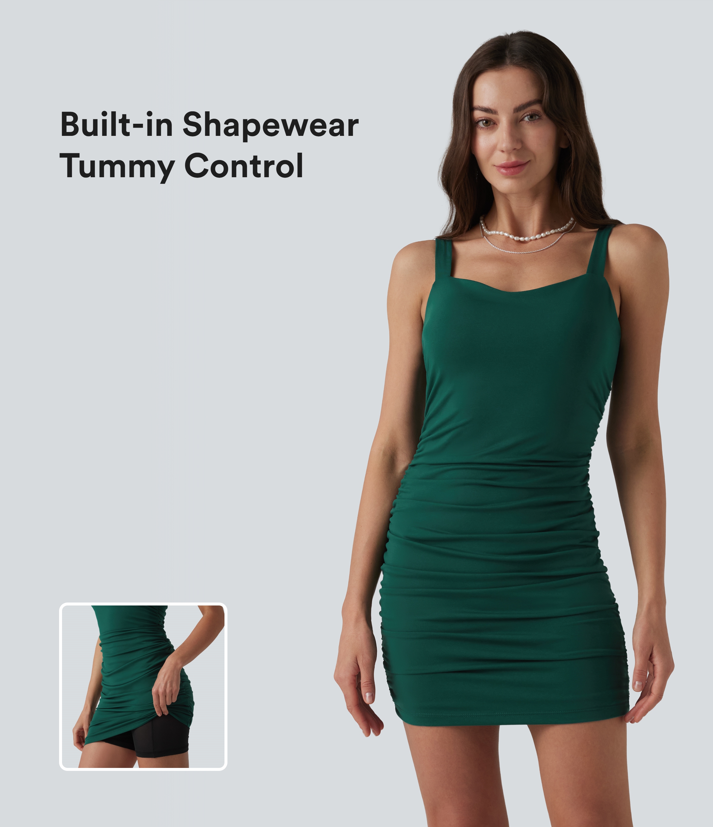 Square Neck Tummy Control Built-in Shapewear Ruched Bodycon Mini Dress