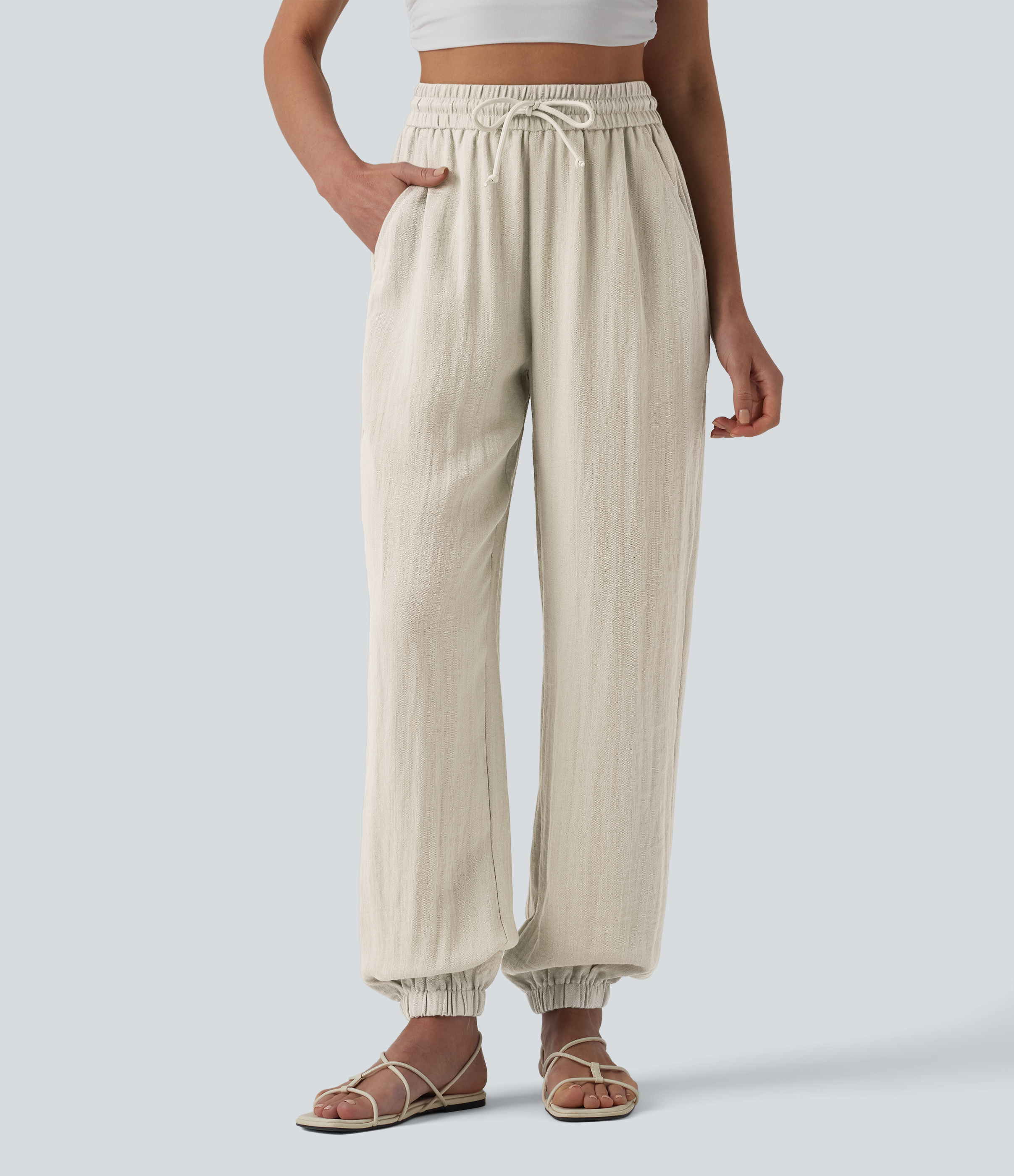 High Waisted Drawstring Wide Leg Casual Linen-Feel Joggers with Pockets