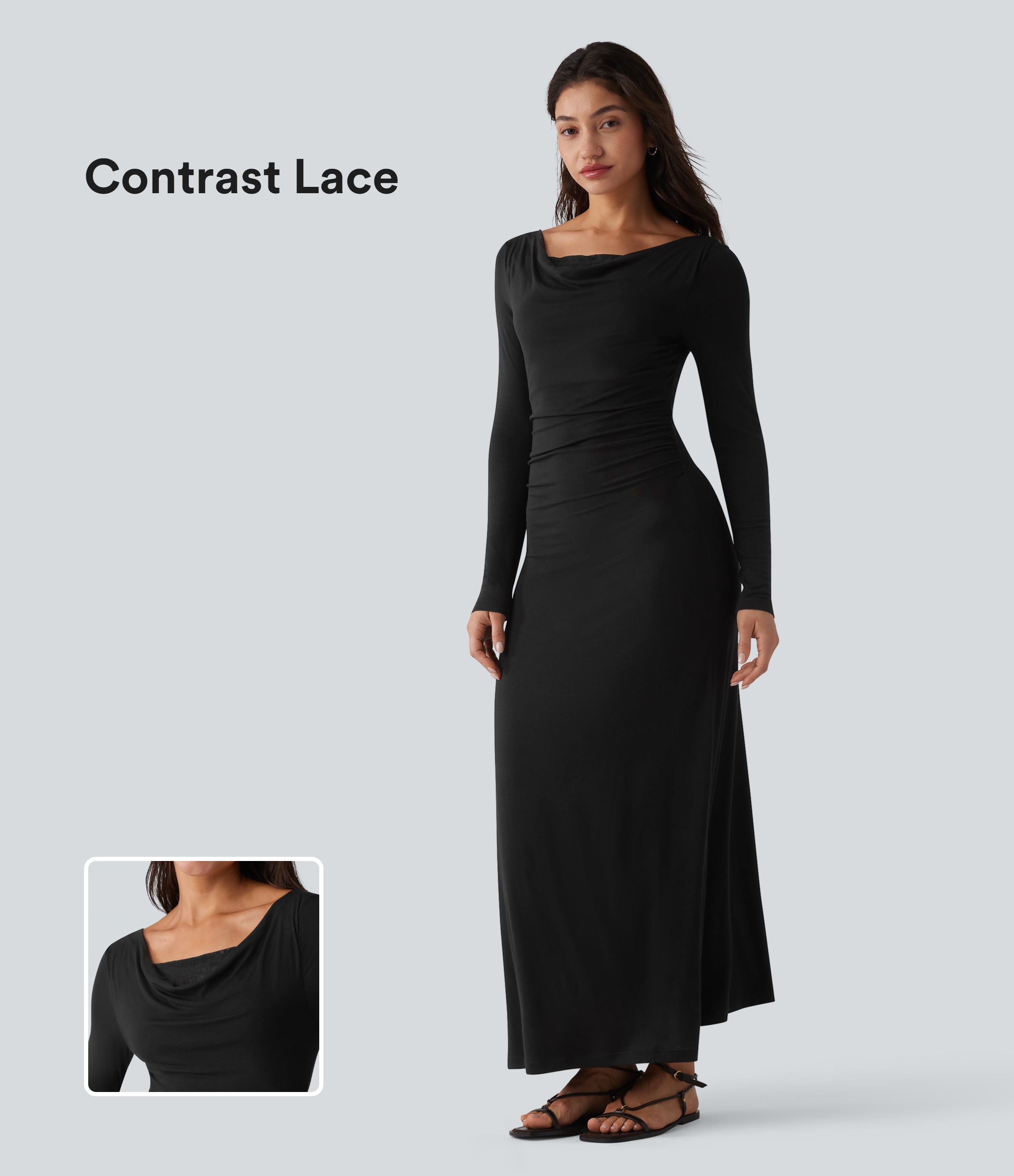 Robe longue en maille côtelée col bénitier manches longues avec dentelle contrastée