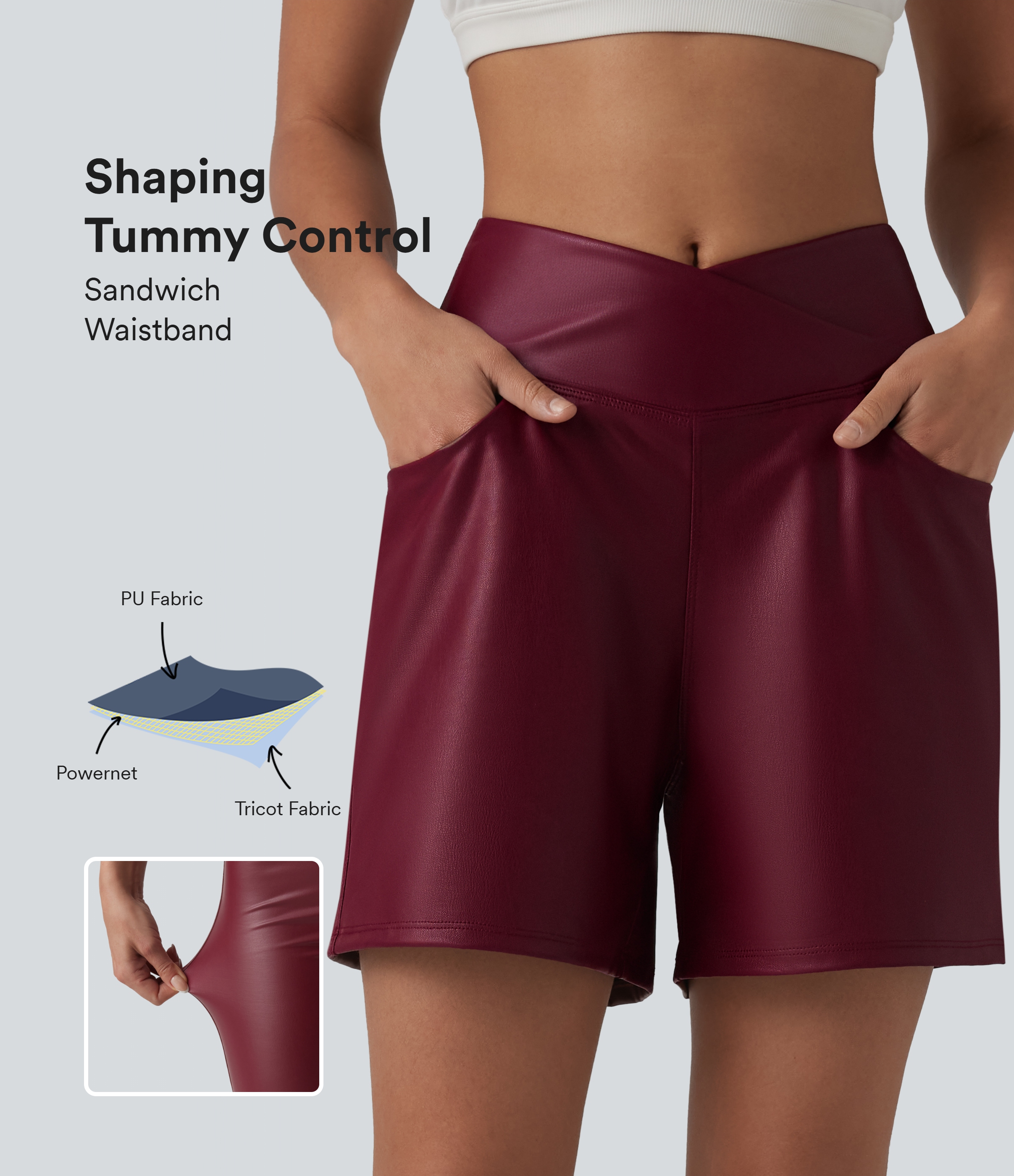 Lässige Shorts aus elastischem Kunstleder mit hohem Crossover-Bund, Seitentaschen und Bauchkontrolle