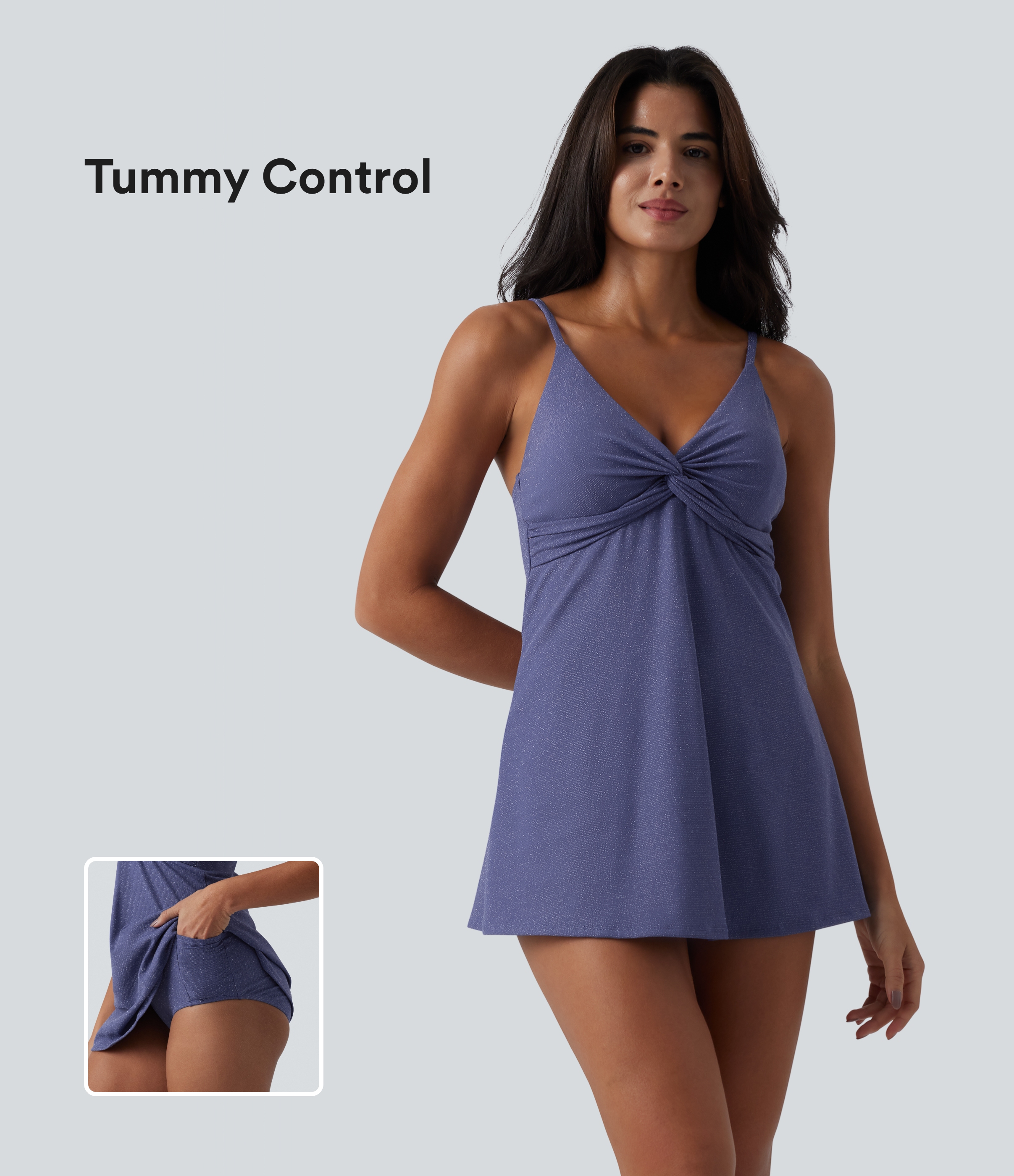 V Neck Built-in Bra Tummy Control One-Piece Metallic Swimsuit with Pockets
