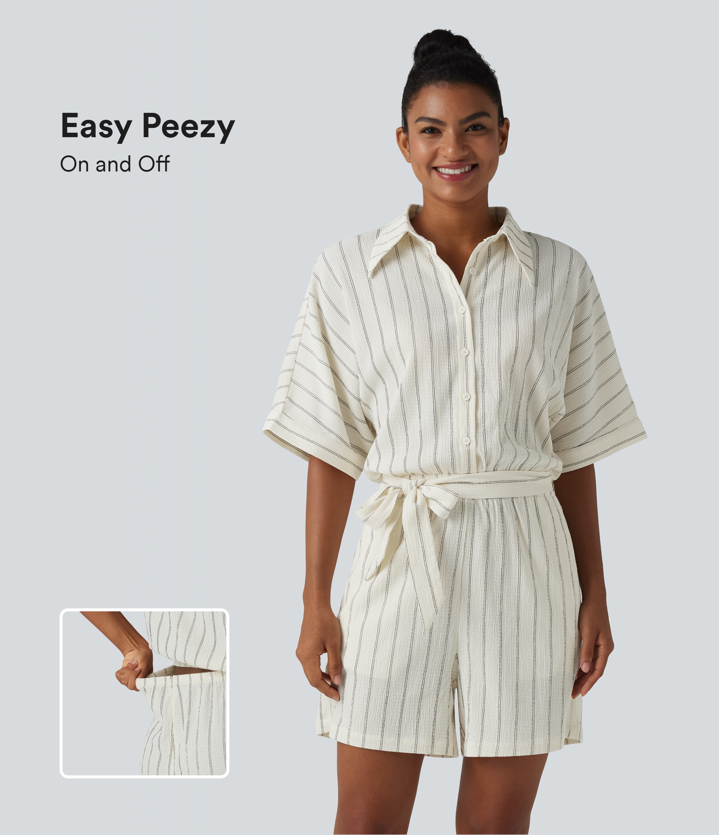 Combishort décontracté à col, manches chauve-souris, nœud et rayures avec poches - Easy Peasy