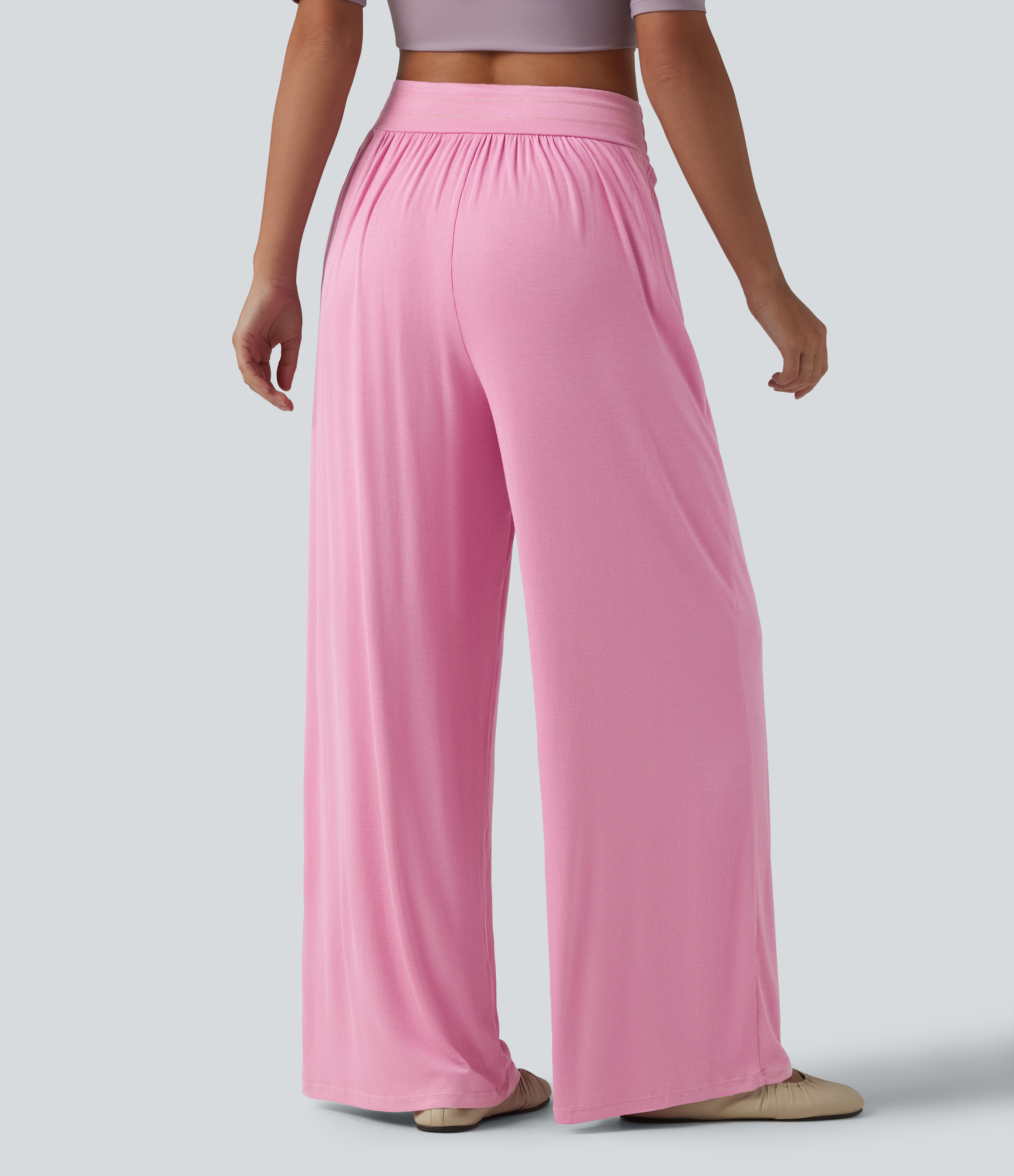 Sweet Lilac Ribbed High Waisted Tummy Control Casual Baggy Pants with Pockets / 2