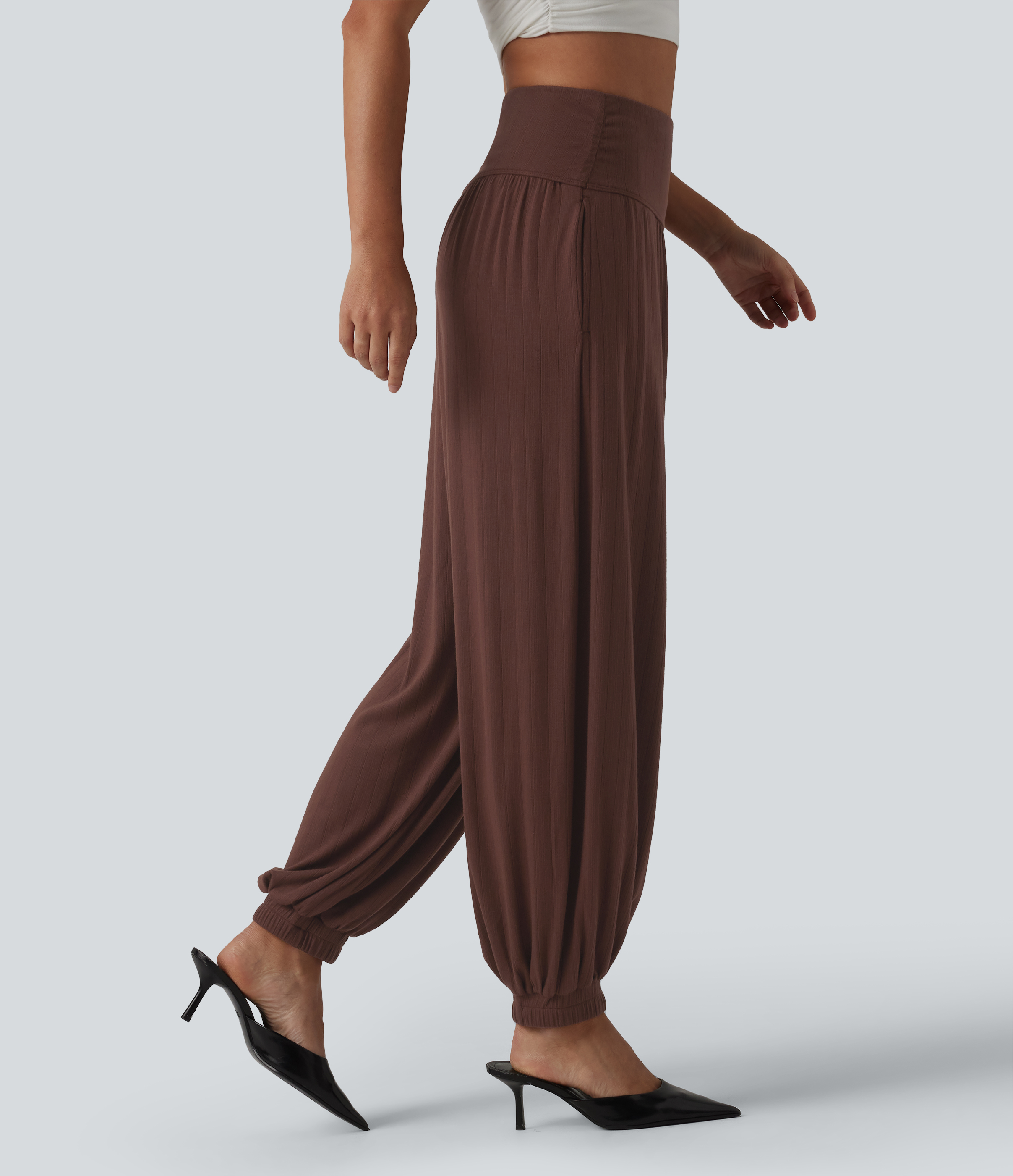 Ribbed Knit High Waisted Draped Casual Balloon Joggers with Pockets