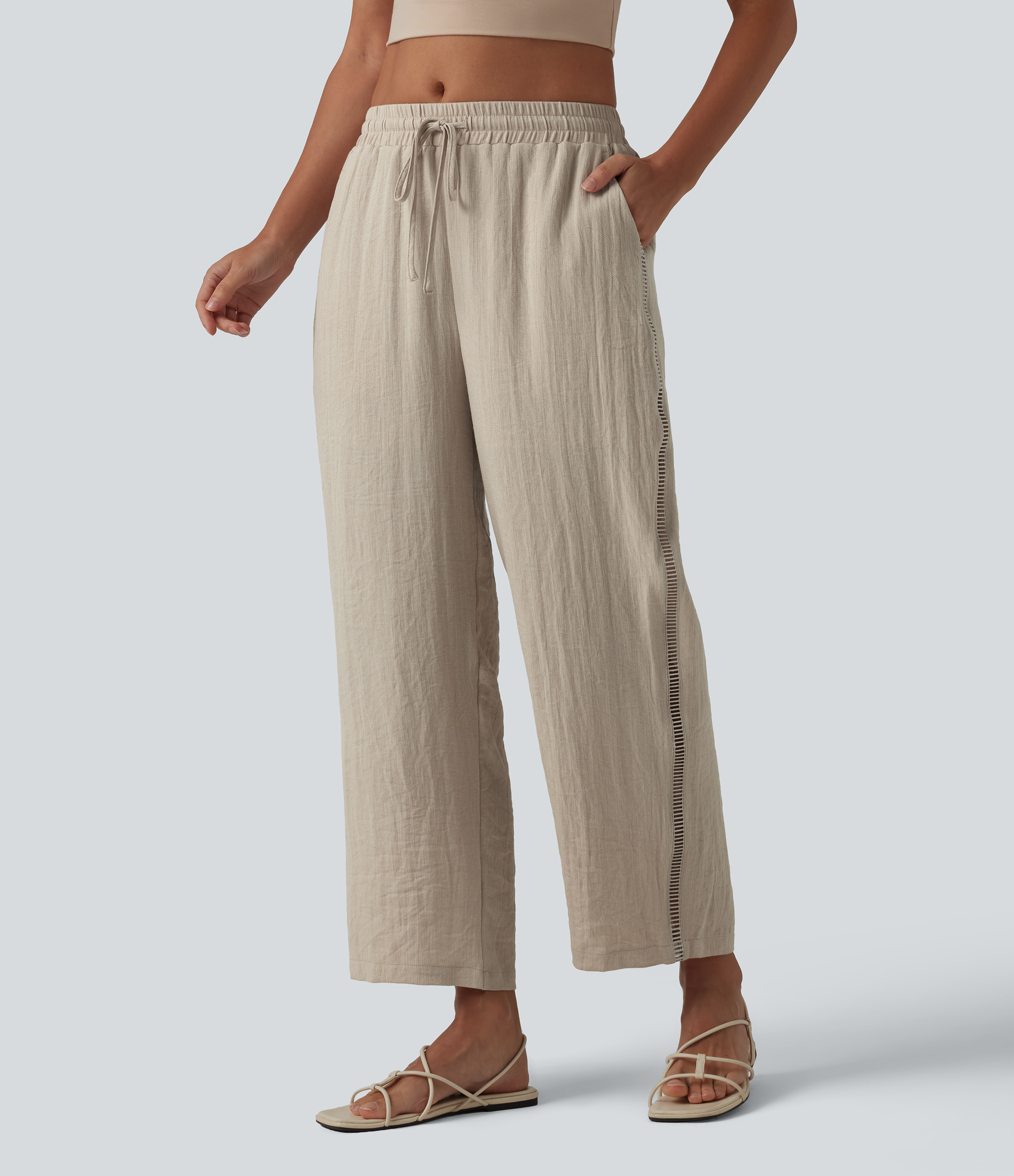 Mid Rise Drawstring Straight Leg Linen-Feel Pants with Pockets