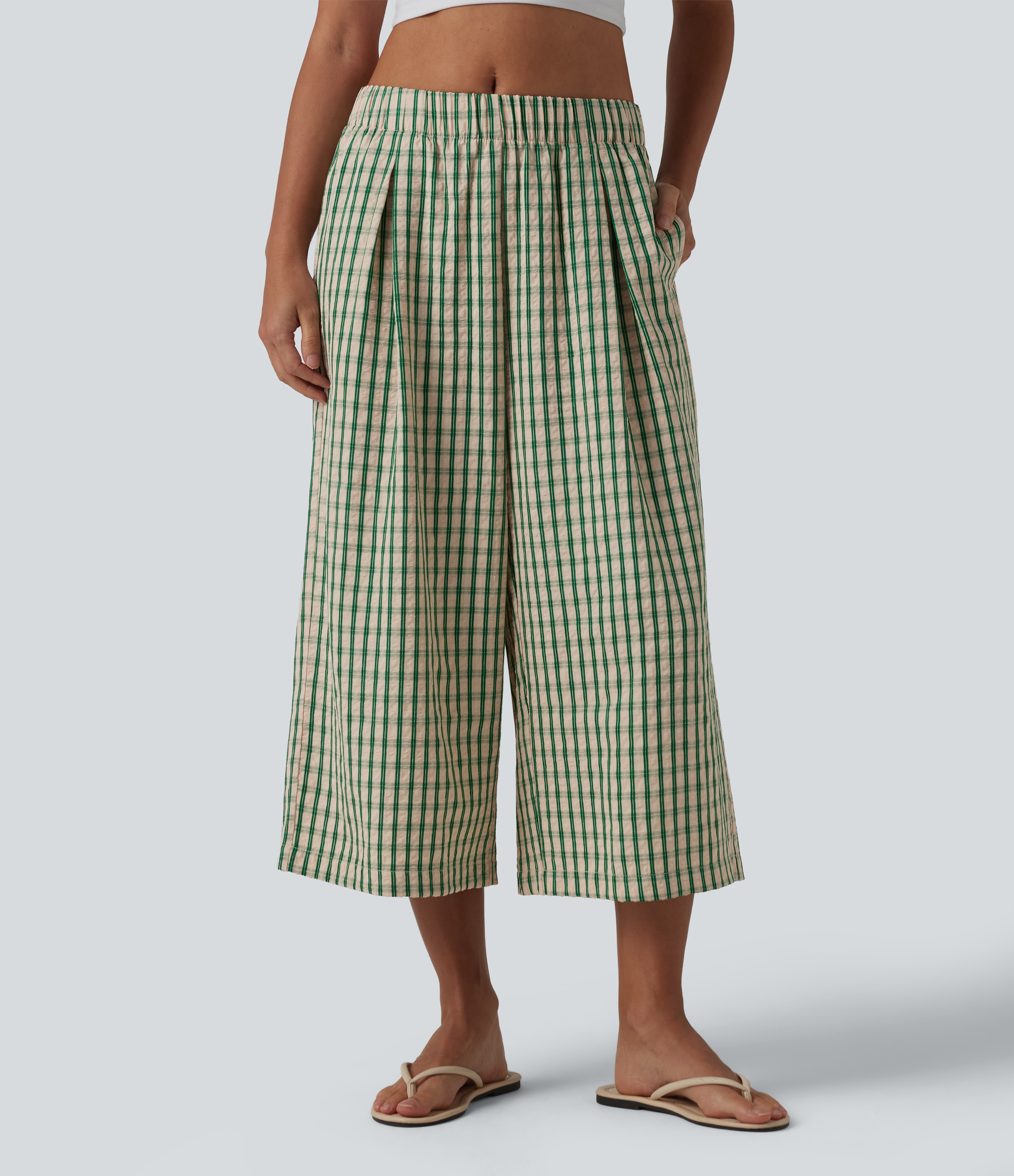 Mid Rise Plaid Cropped Casual Baggy Pants with Pockets