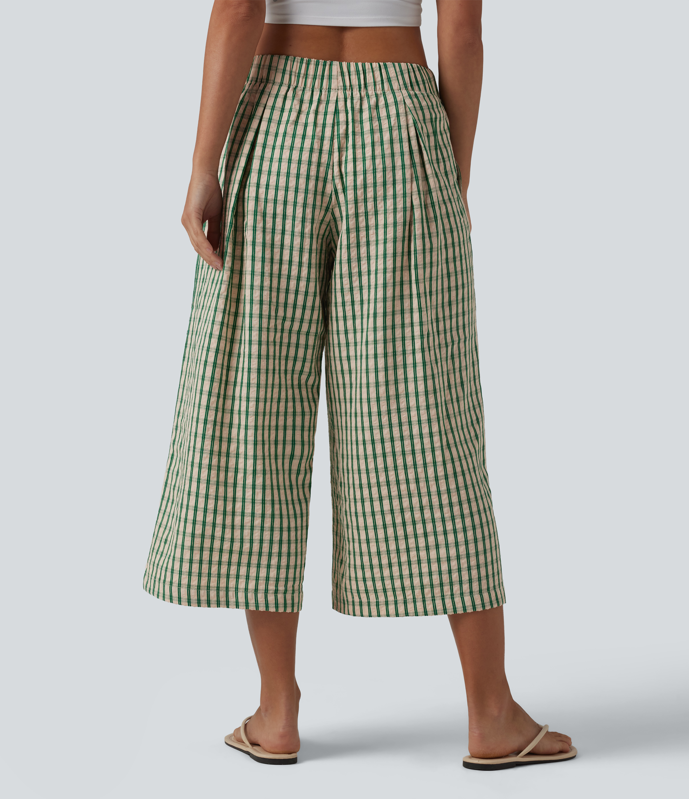 Forest Meadow Plaid Mid Rise Plaid Cropped Casual Baggy Trousers with Pockets / 2