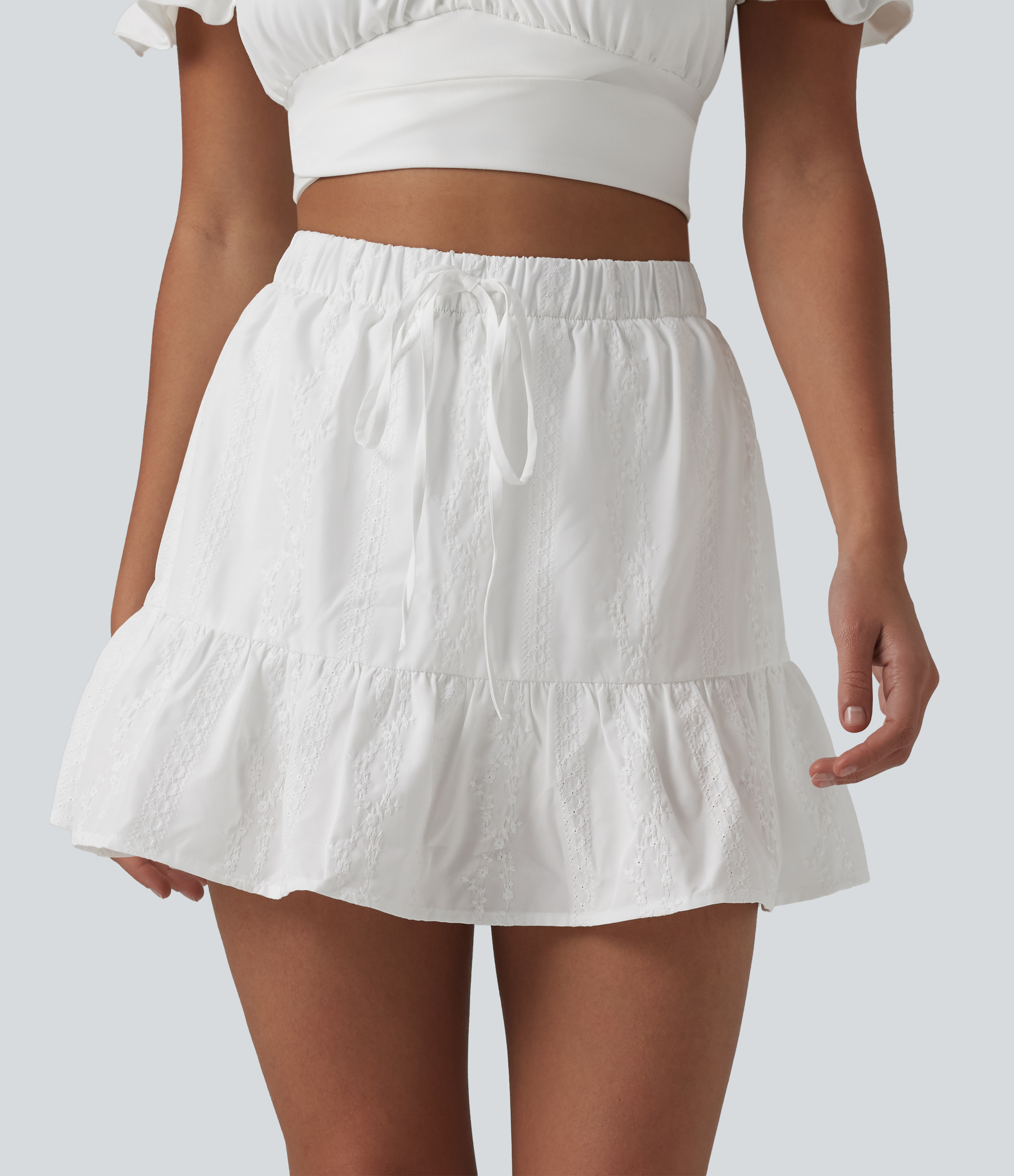 High Waisted Drawstring 2-in-1 Ruffle Hem Embroidery Resort A-line Skirt with Pocket