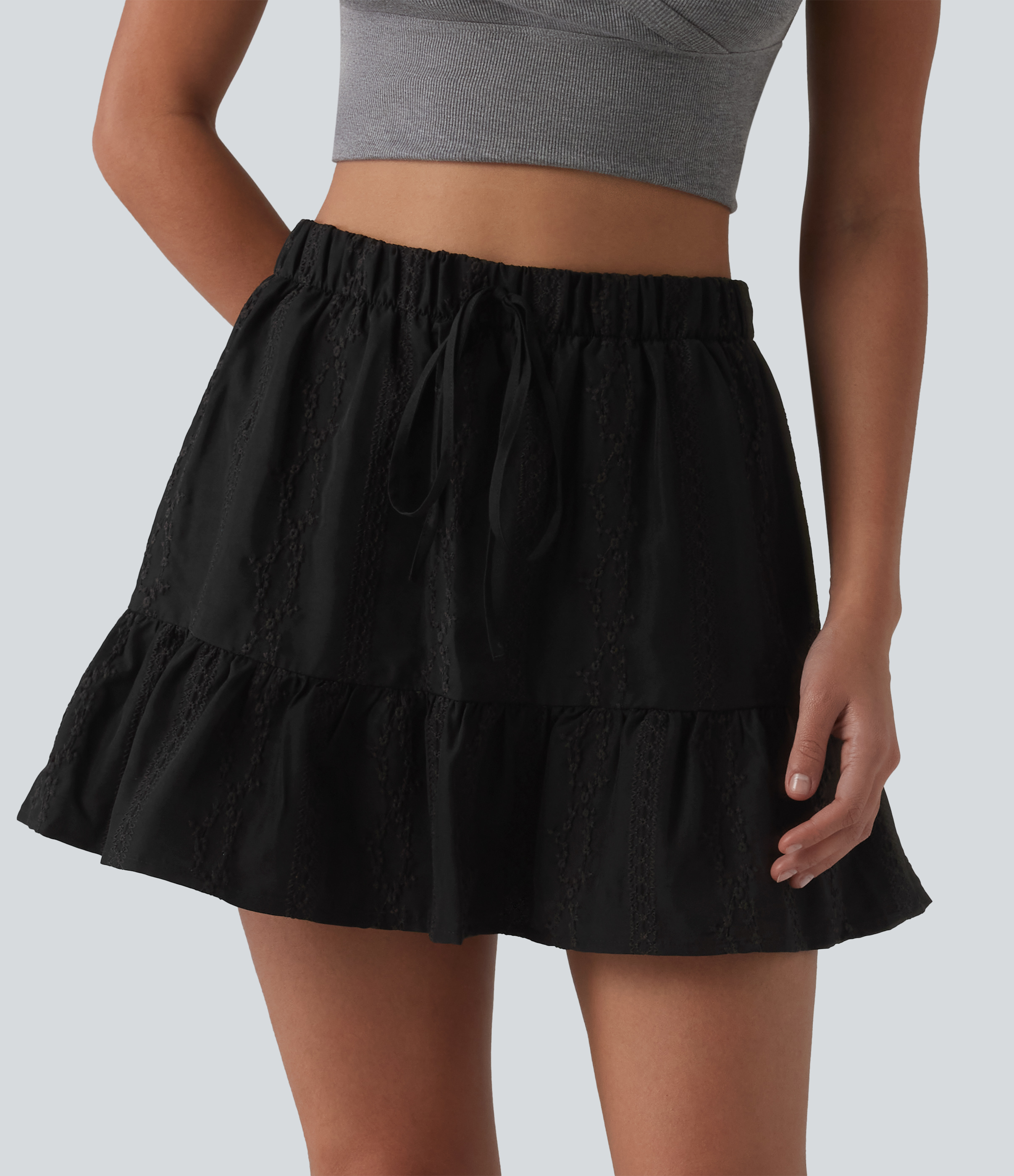 High Waisted Drawstring 2-in-1 Ruffle Hem Embroidery Resort A-line Skirt with Pocket