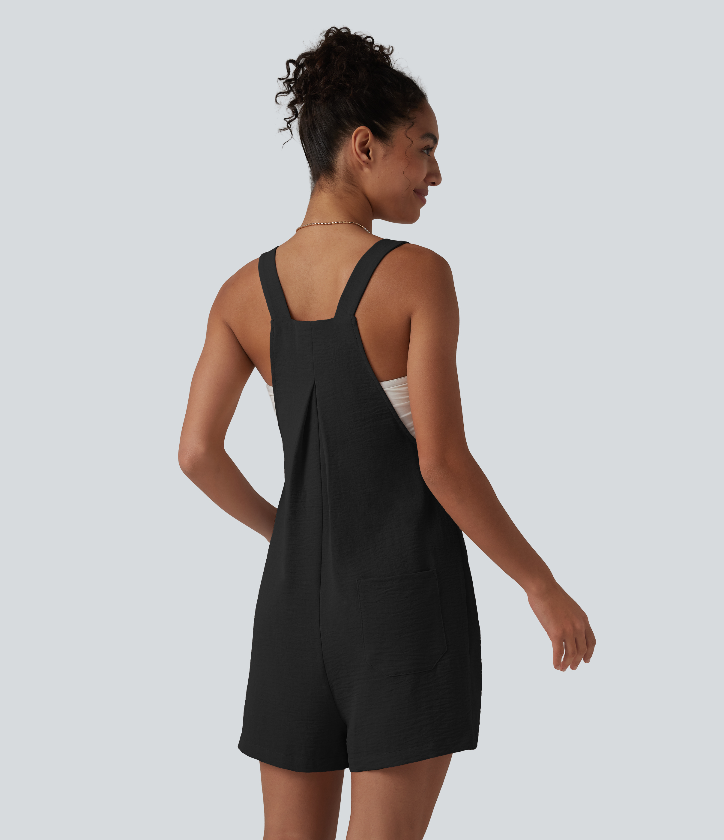 Black Adjustable Straps Pleated Linen-Feel Resort Short Overalls with Pockets / 2