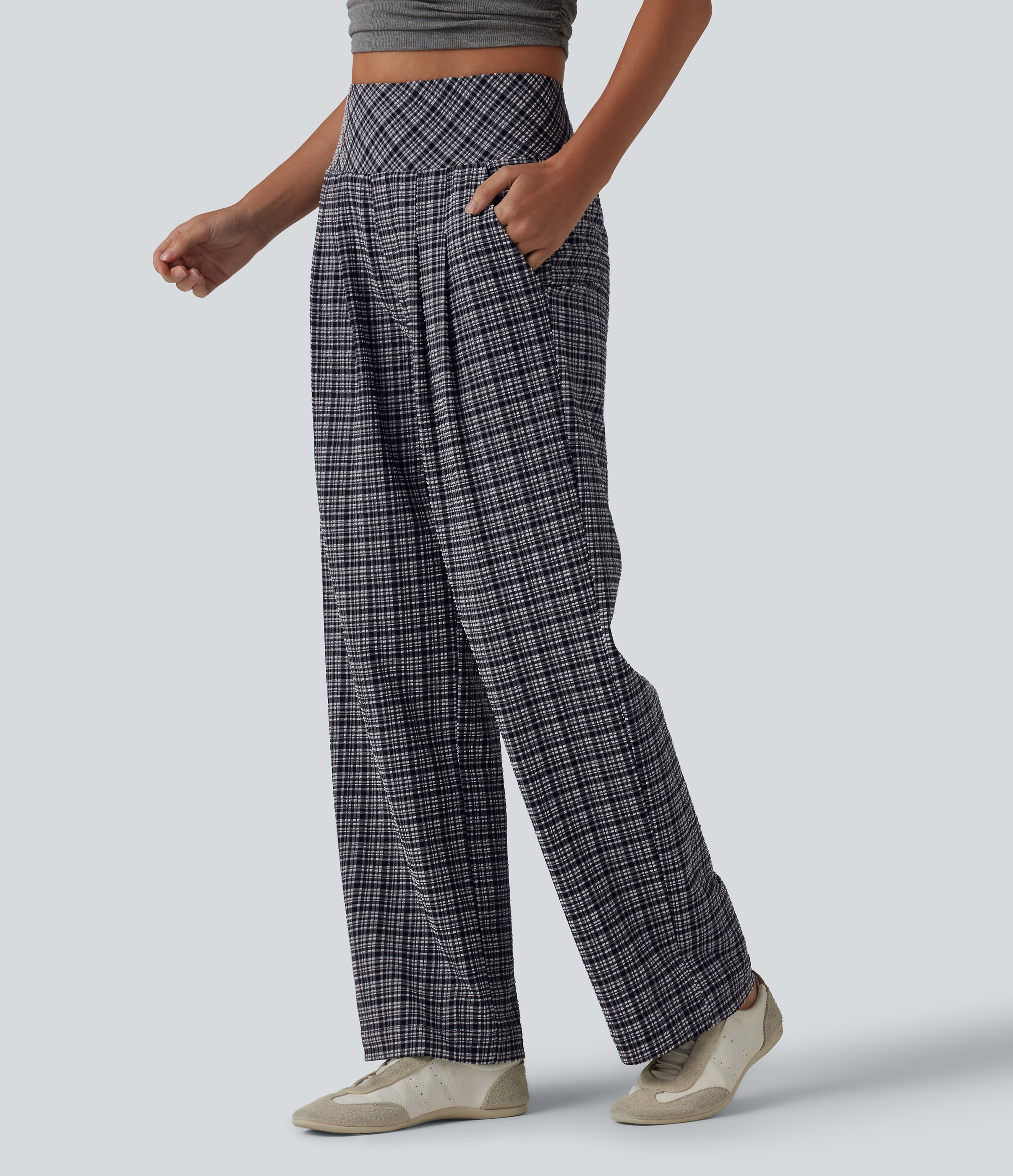 High Waisted Plaid Crinkle Quick Dry Casual Straight Leg Pants with Pockets