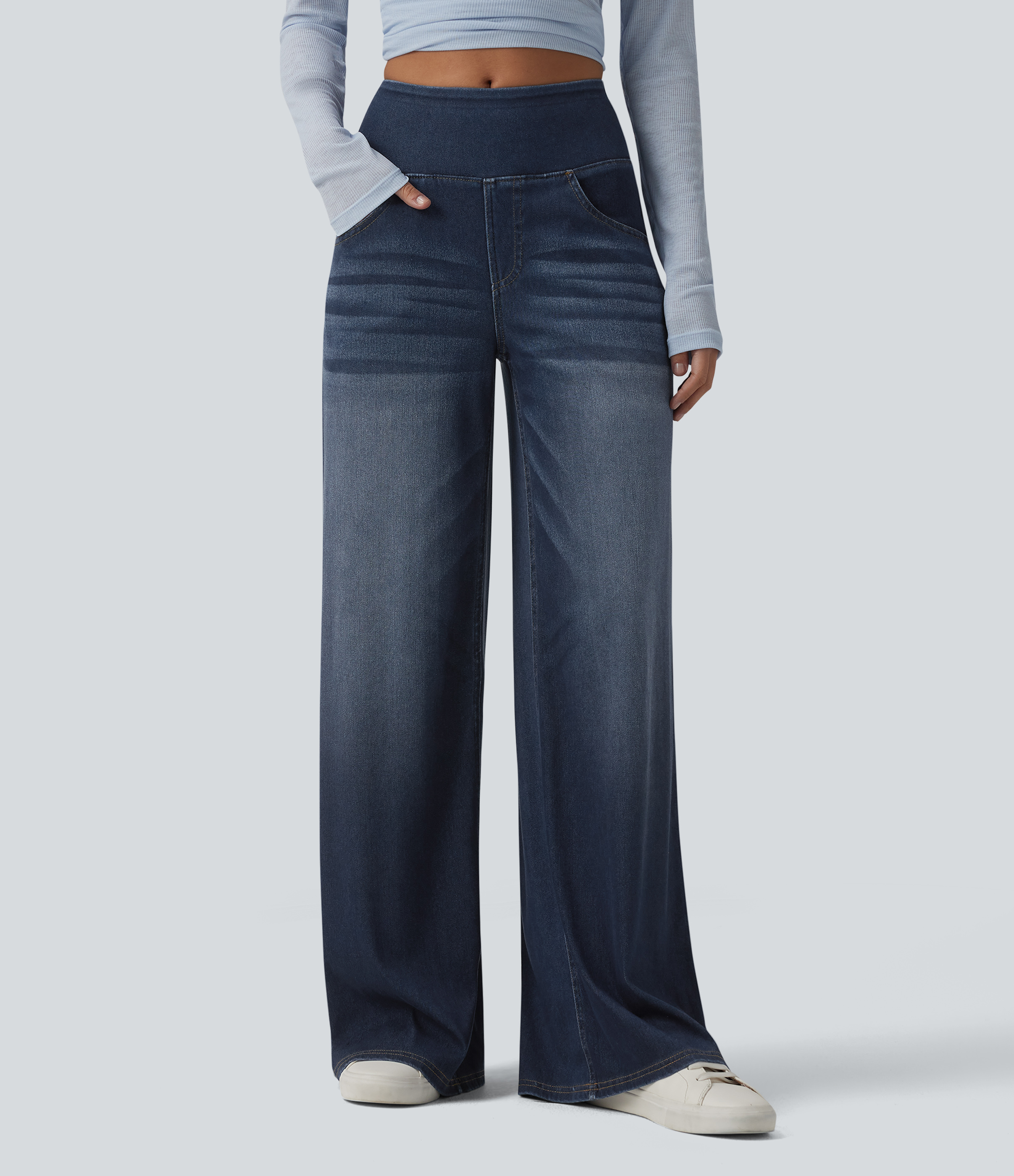 Halara Flex™ Mid Rise Draped Lyocell Washed Casual Baggy Wide Leg Jeans with Pockets — Pageant Blue Denim by Halara