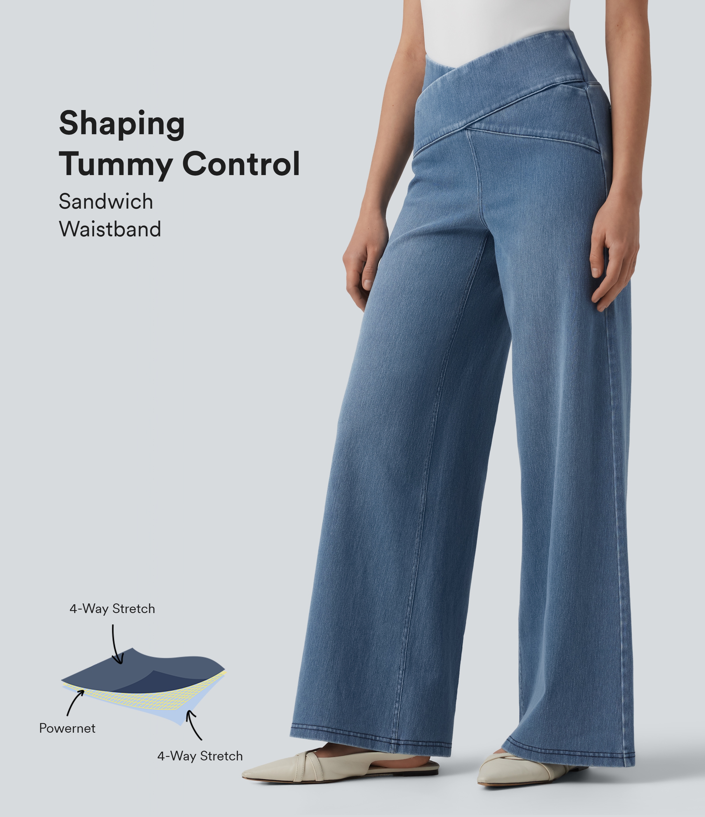 Halara Flex™ Crossover High Waisted Tummy Control Casual Wide Leg Jeans with Pockets