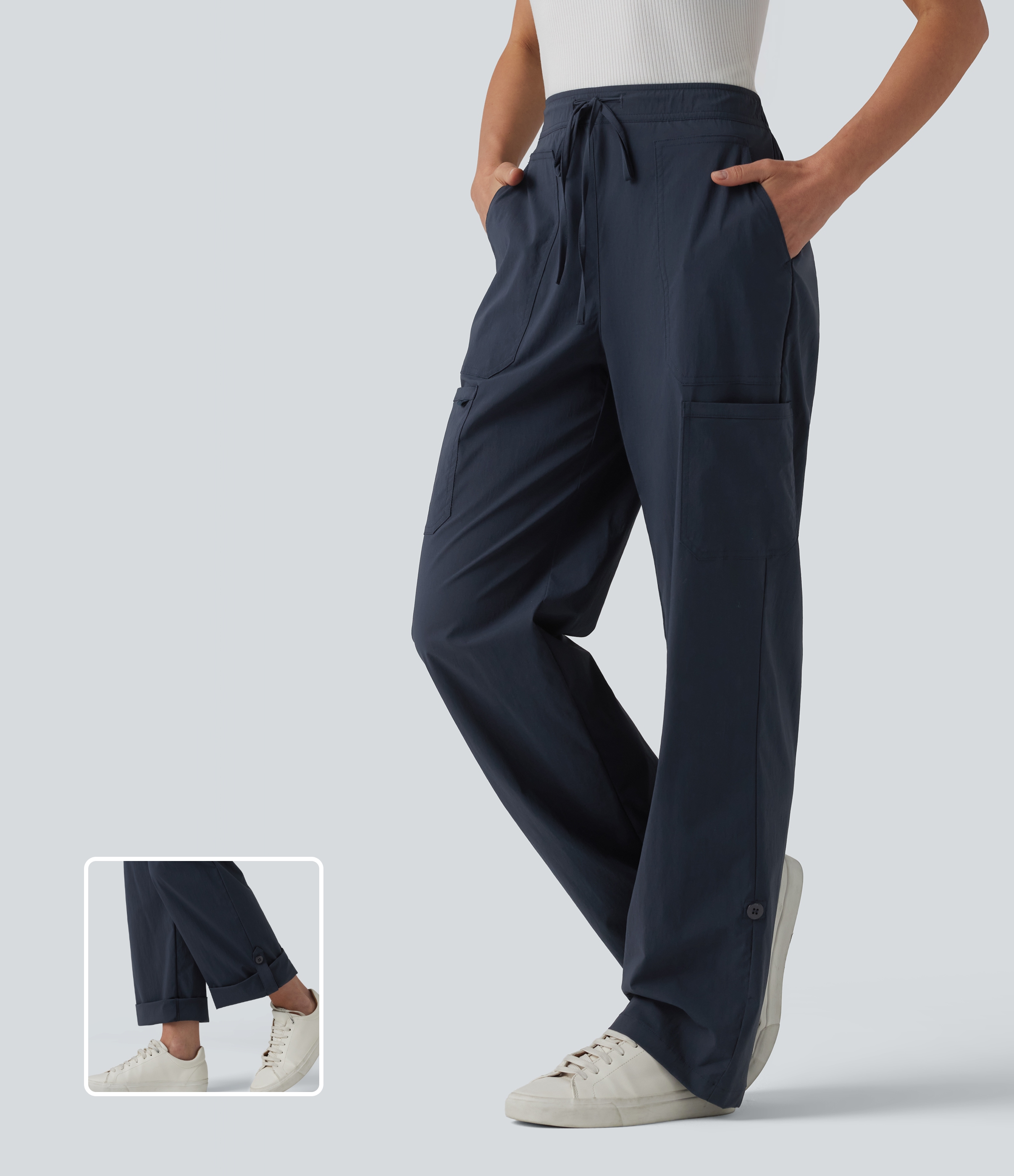 Mid Rise Drawstring Adjustable Pant Length Casual Straight Leg Cargo Pants with Pockets