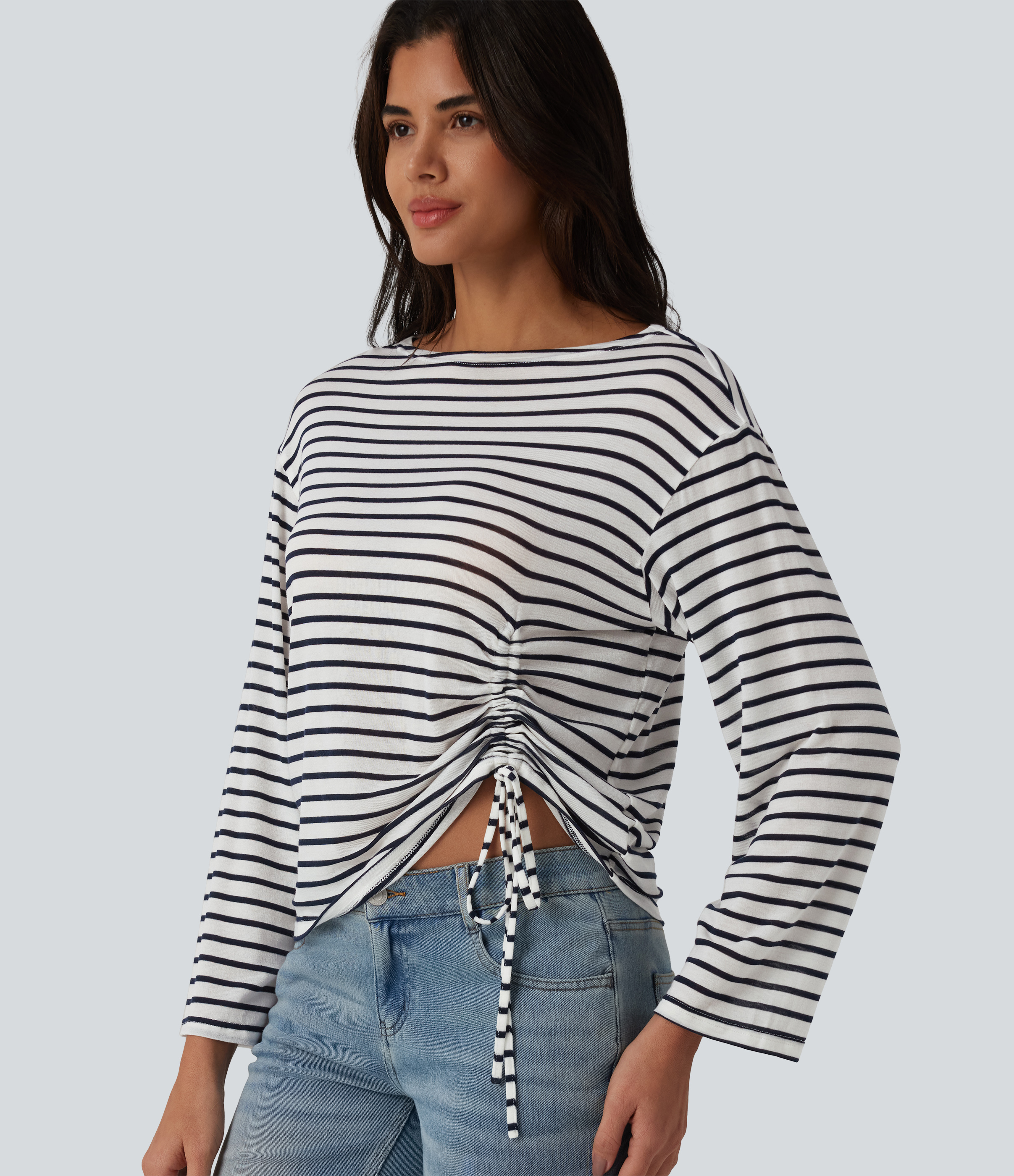 Boat Neck Long Sleeve Drawstring Hem Stripes Casual Top