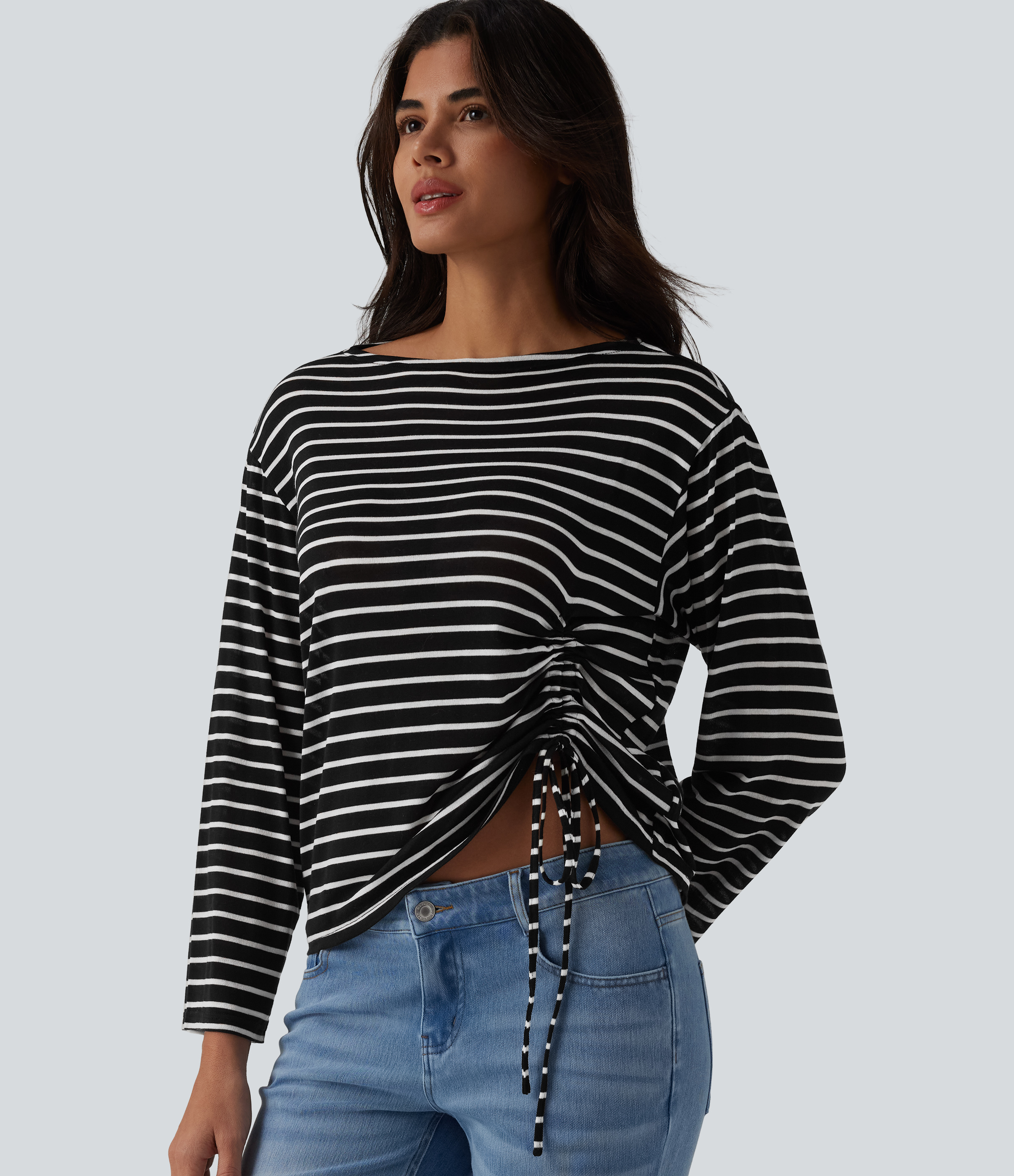 Casual striped boat neck long-sleeved top with drawstring hem