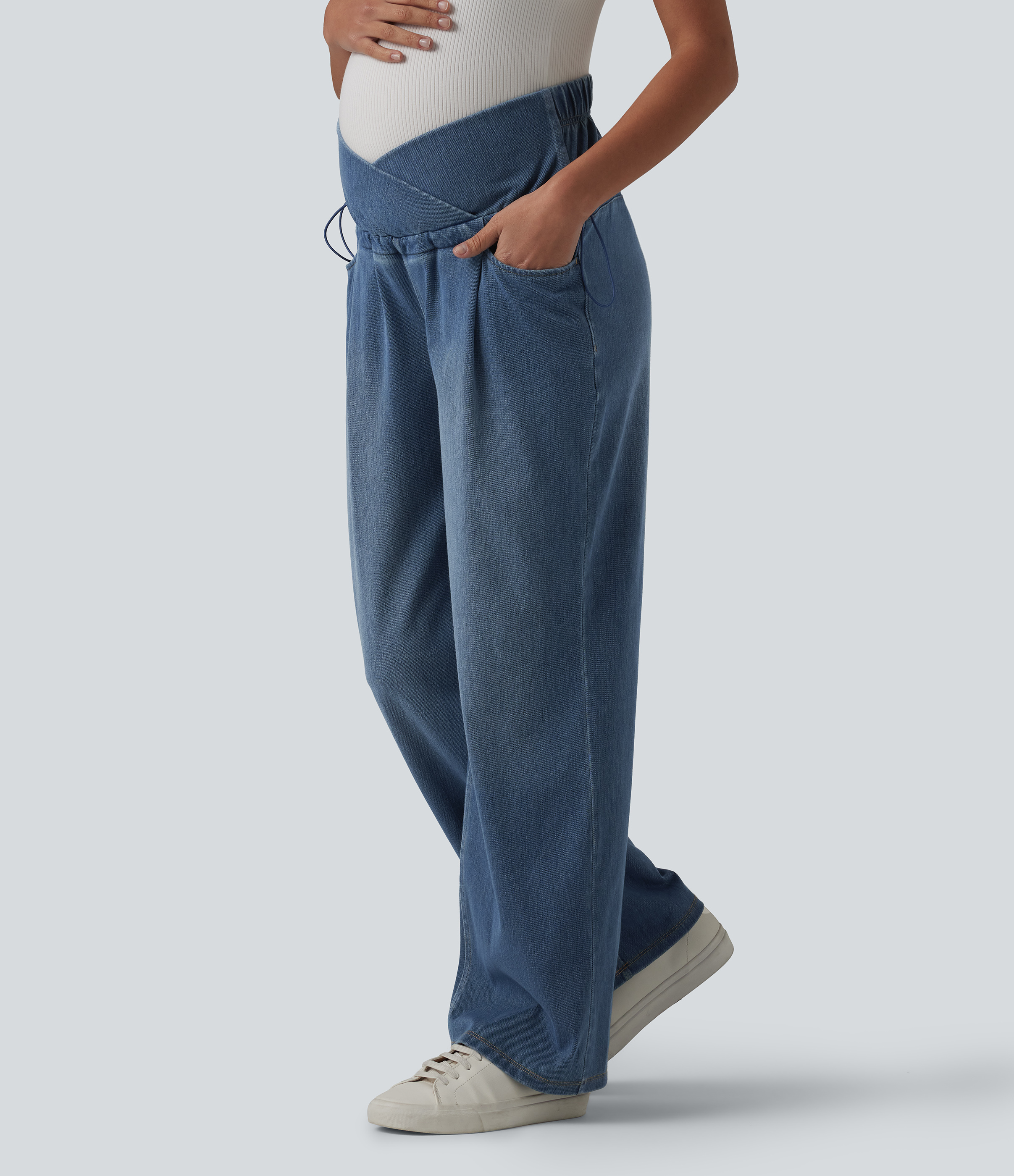 Halara Flex™ Crossover High Waisted Adjustable Drawcord Casual Maternity Baggy Jeans with Pockets