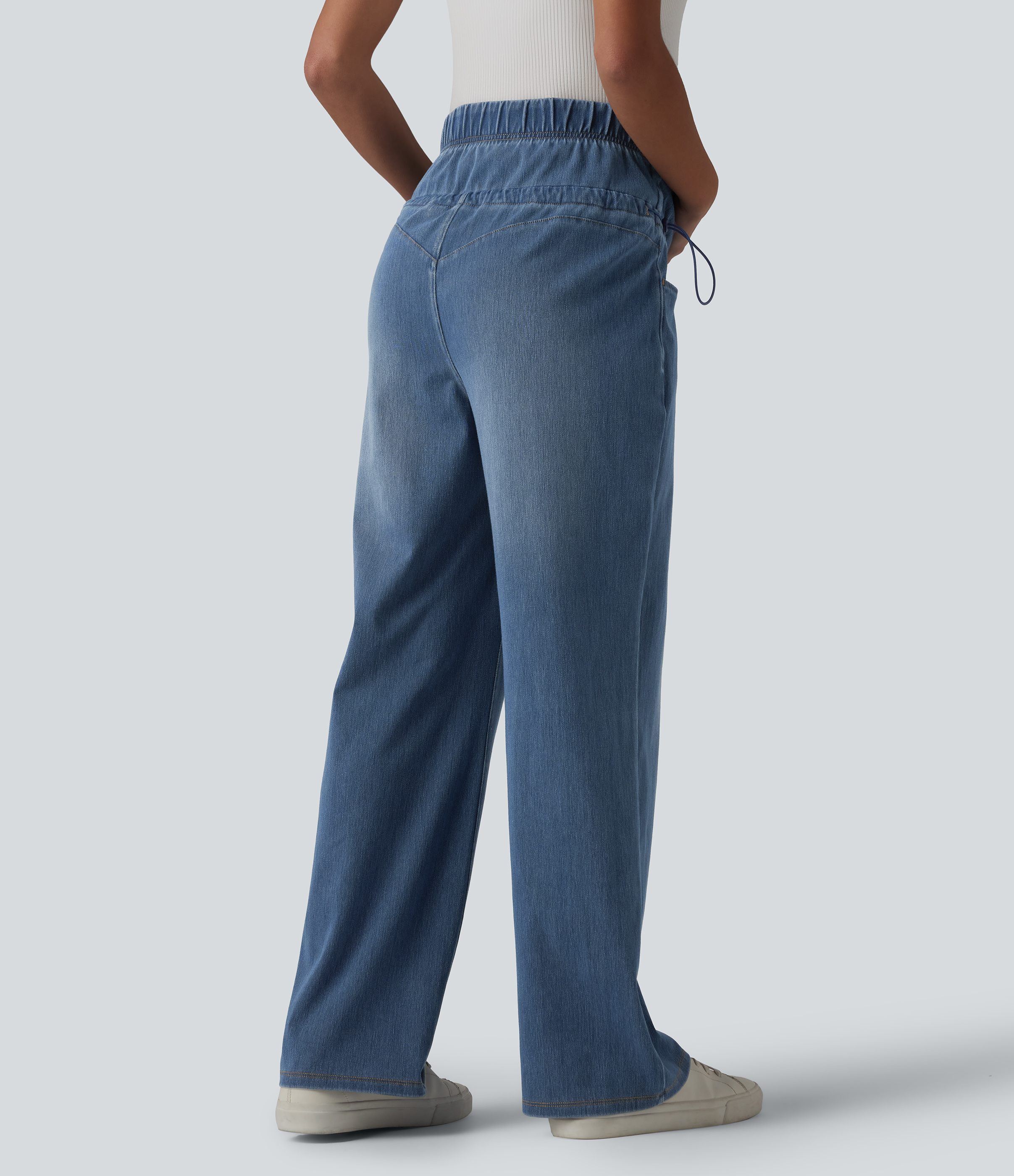 Tide Blue Denim Halara Flex™ Crossover High Waisted Adjustable Drawcord Casual Maternity Baggy Jeans with Pockets / 2
