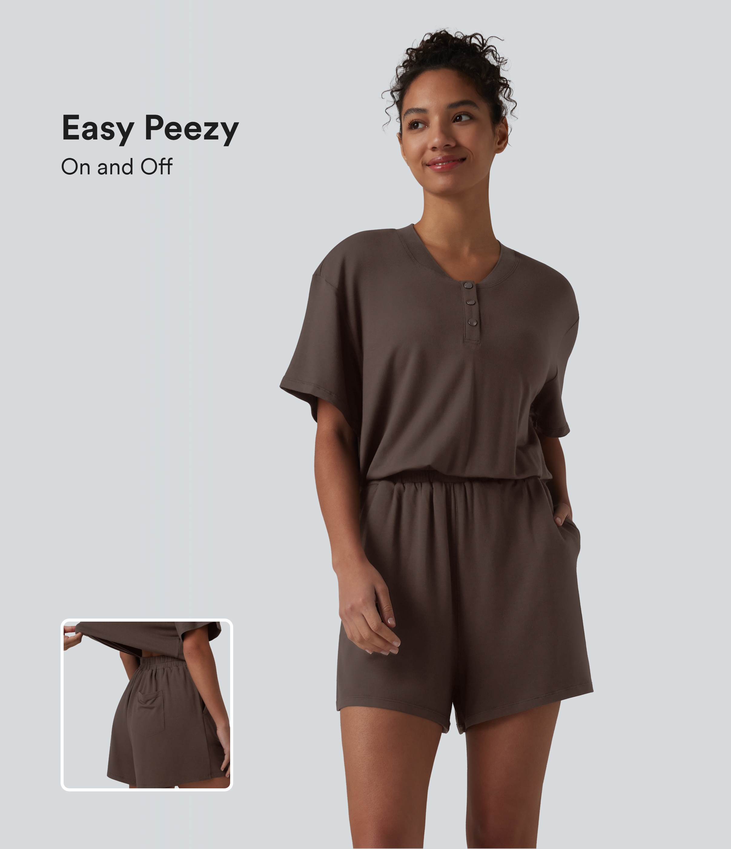 Henley Short Sleeve Casual Romper with Pockets-Easy Peezy