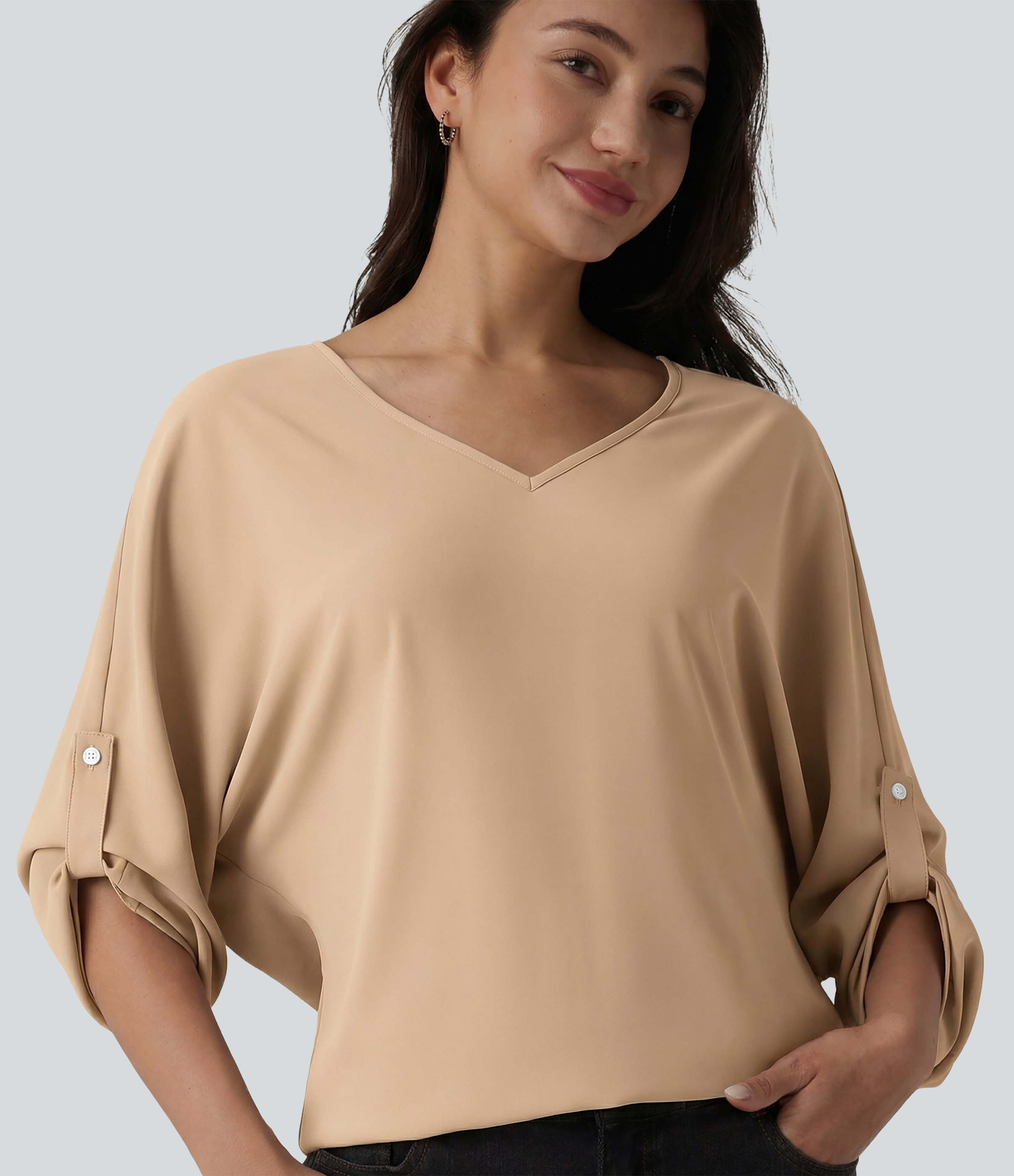 Wrinkle-resistant V Neck Long Sleeve Work Blouse