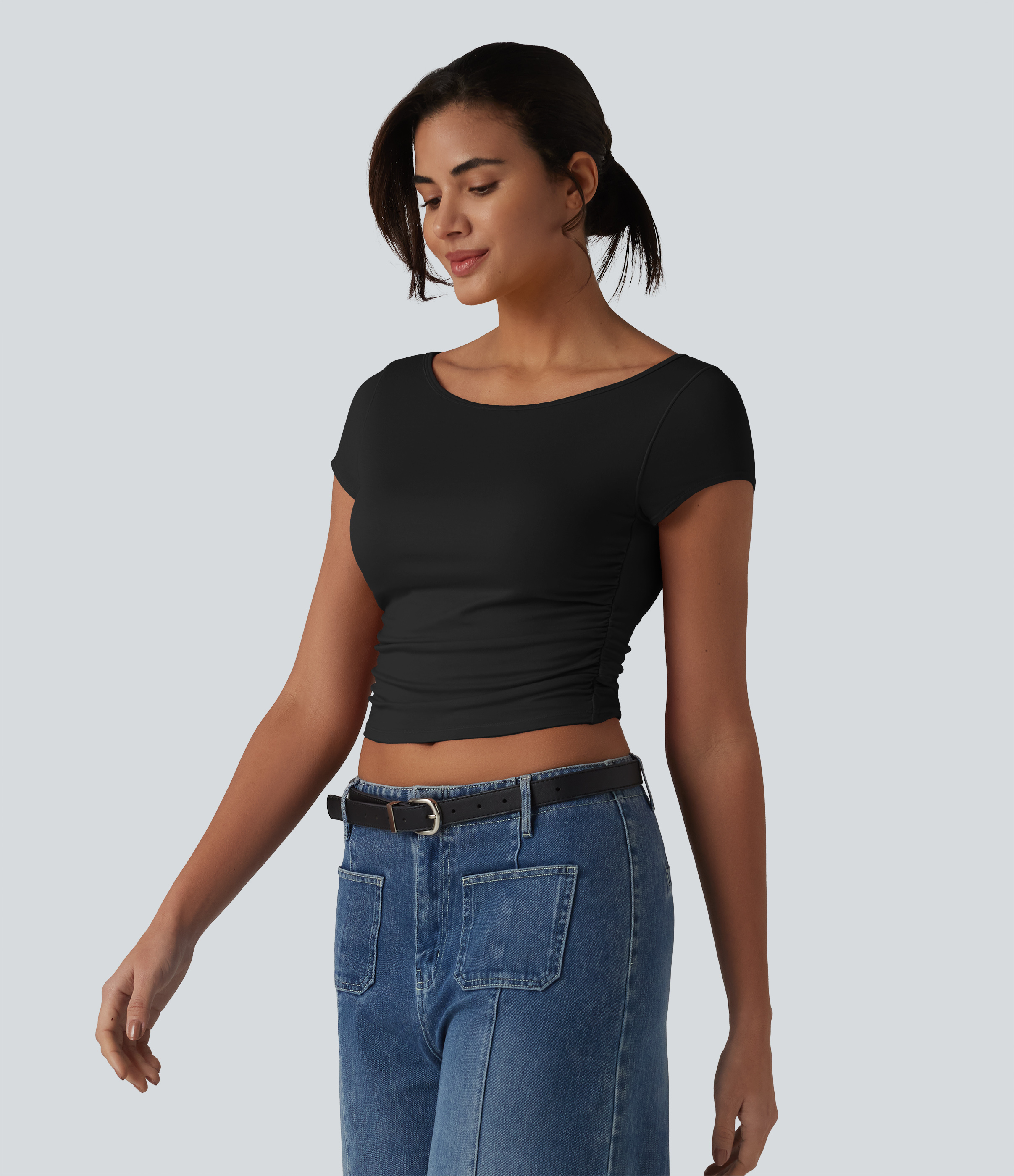 Women's Boat Neck Short Sleeve Built-in Bra Ruched Cropped Casual
