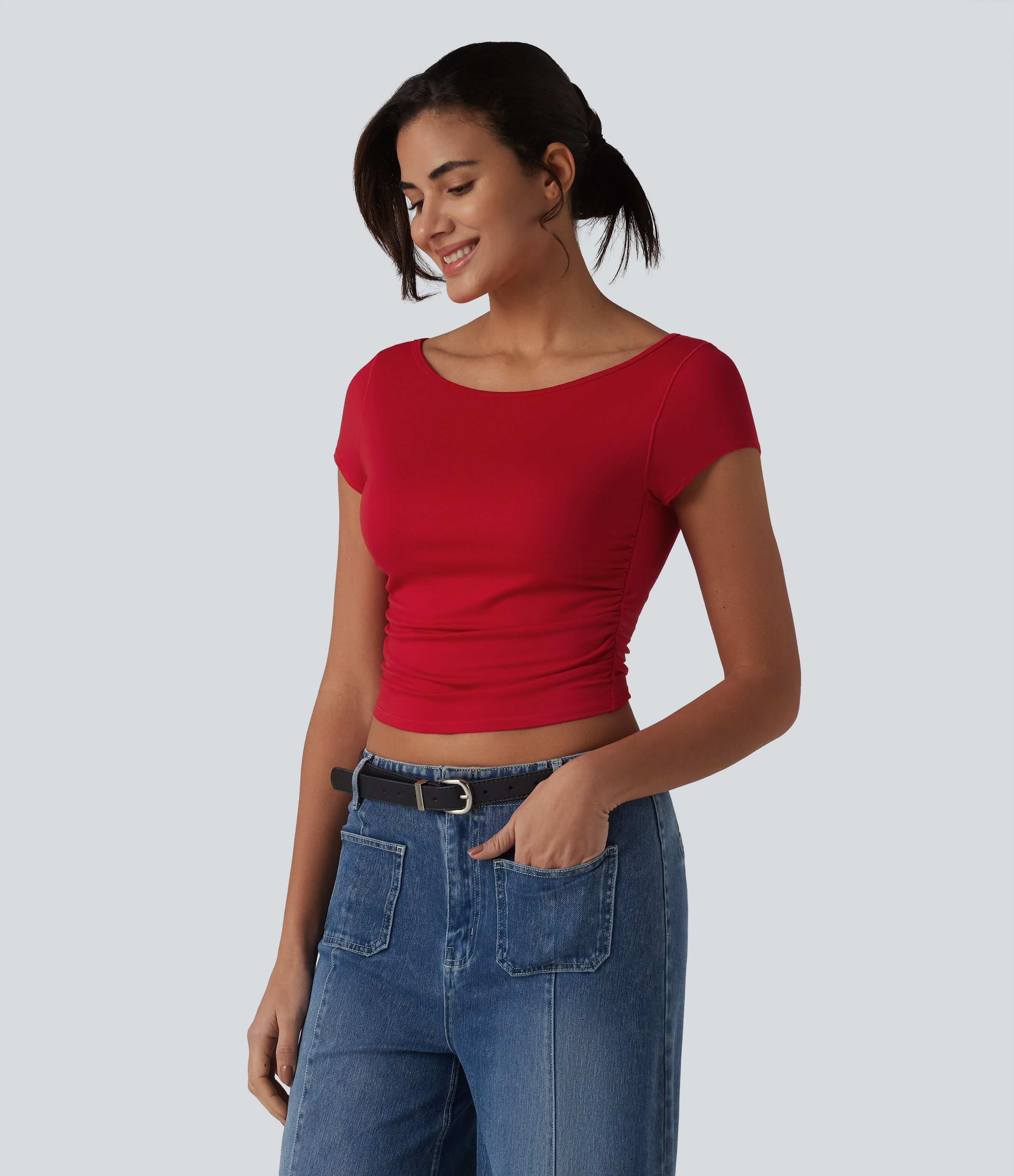Women's Boat Neck Short Sleeve Built-in Bra Ruched Cropped Casual