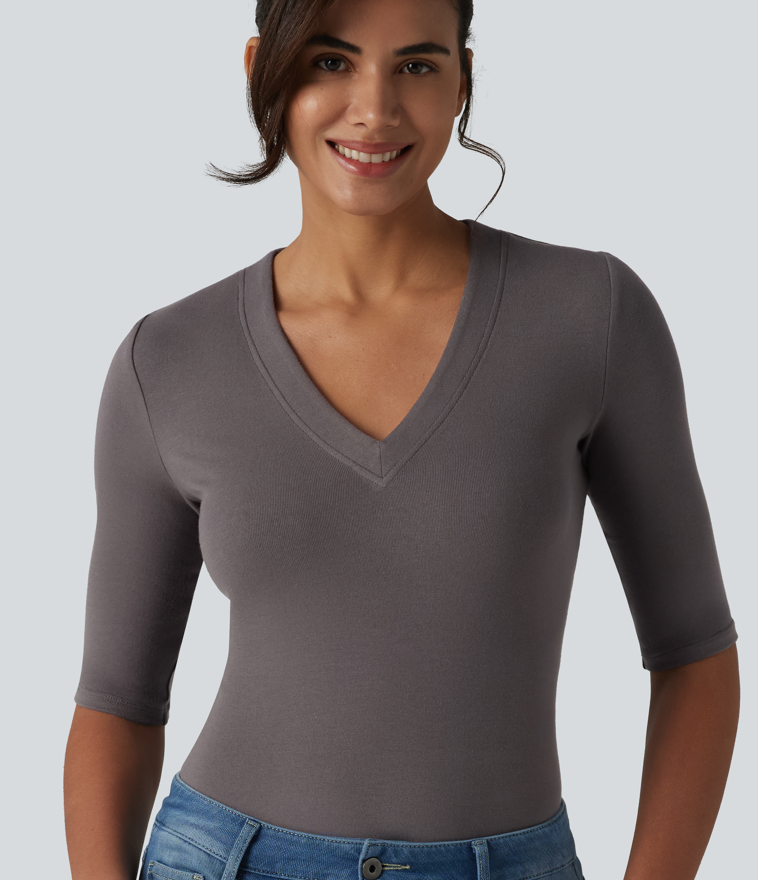 Ribbed Knit V Neck Half Sleeve Casual T-Shirt