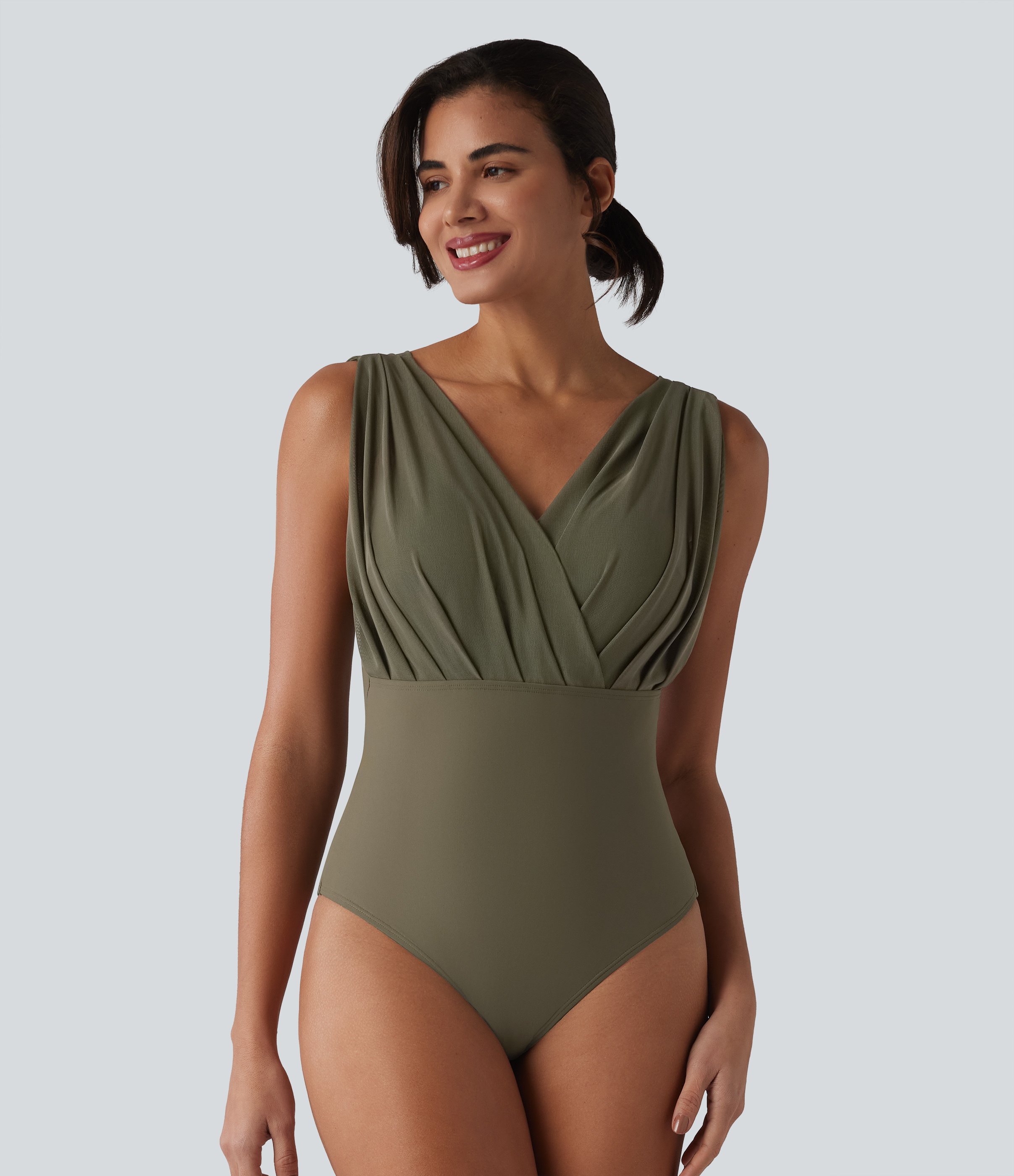 V-neck Sleeveless Tummy Control Built-in Bra One Piece Swimsuit