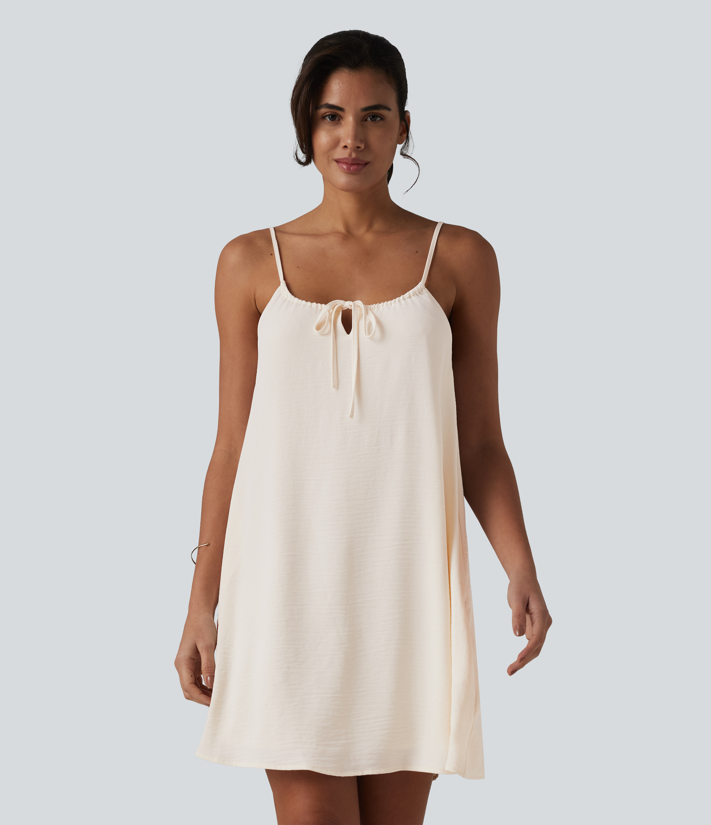 Lace Up Mini Linen-Feel Slip Dress with Pockets